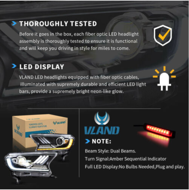 VLAND Full LED Headlights For Ford Ranger PX2 PXS 2016-2020 W/Sequential Signal
