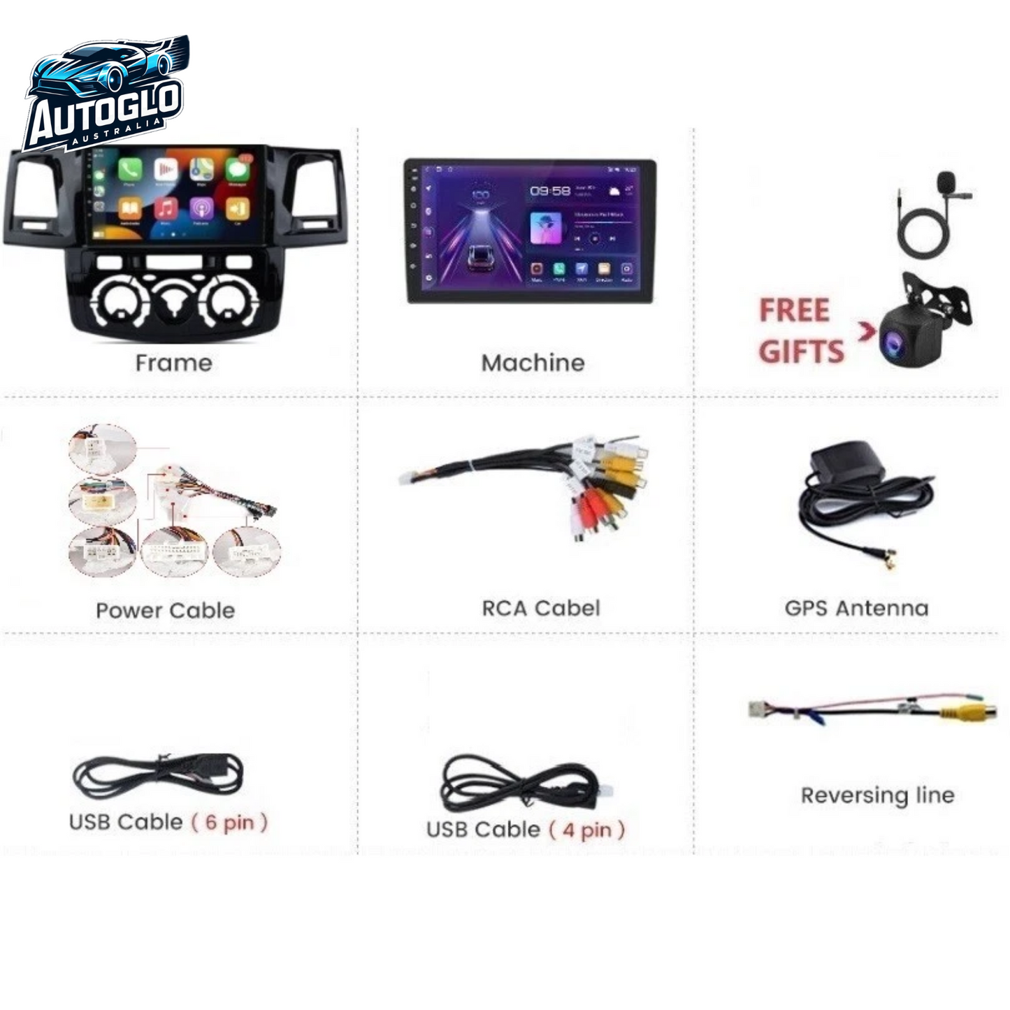 Autoglo Australia 9" CARPLAY ANDROID GPS BT WiFi Stereo For TOYOTA HILUX (2005-15) -Rev. Cam +Mic