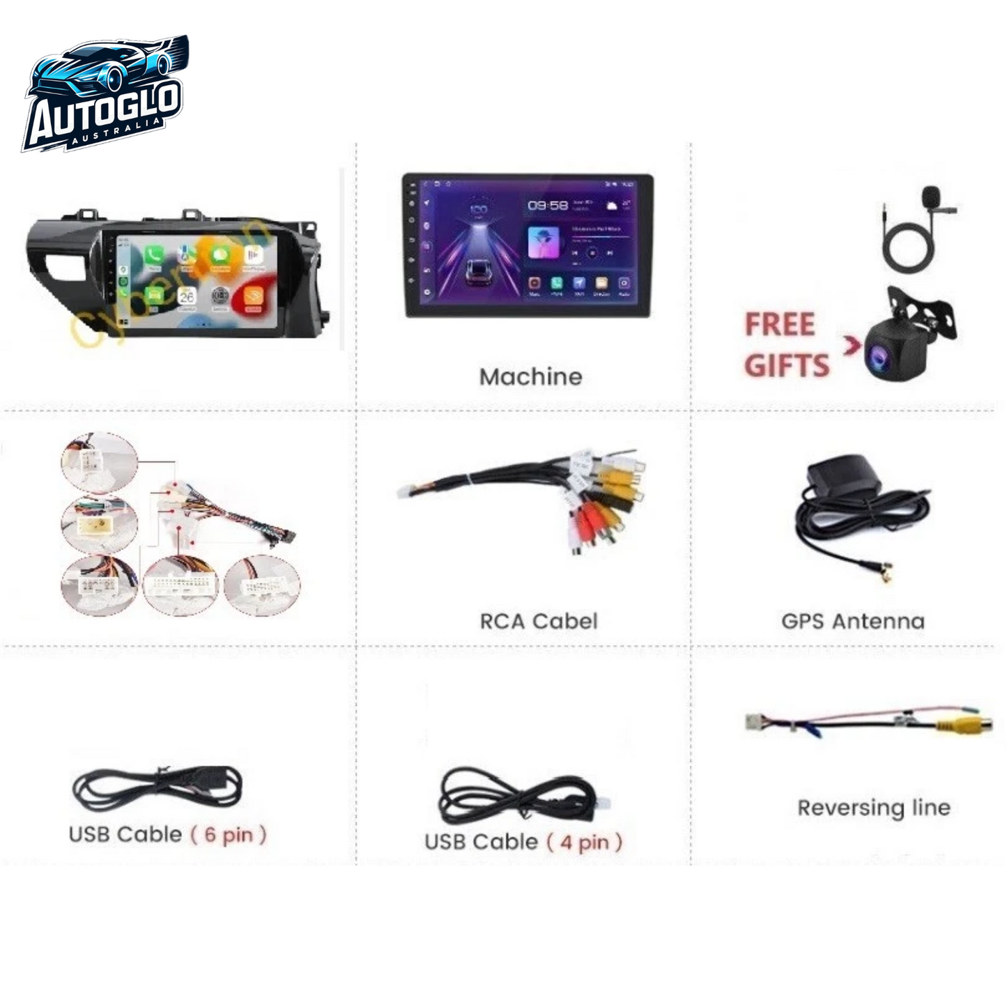Autoglo Australia 10" CARPLAY ANDROID BT (2G+32G) For TOYOTA HILUX (2015-19)+ Mic + Rev. Camera