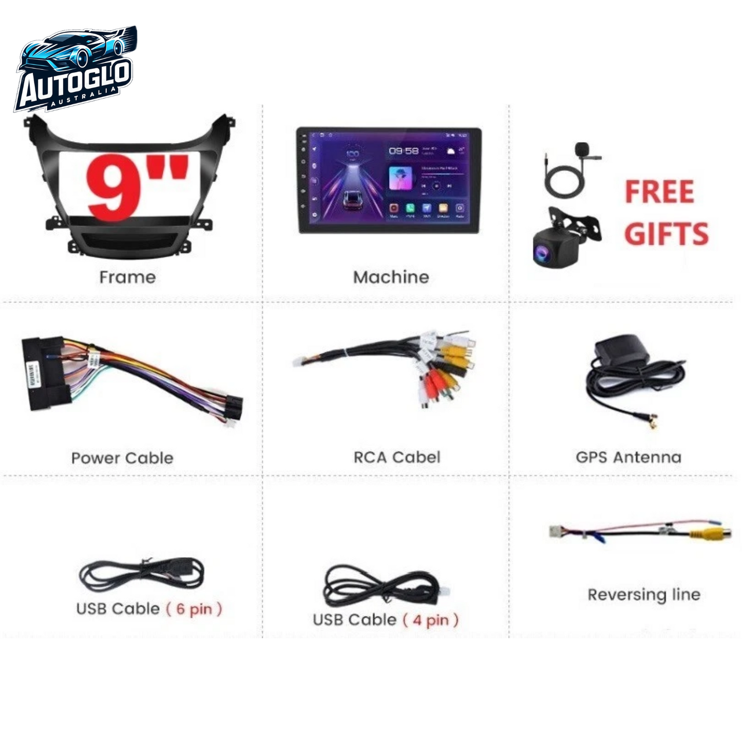 Autoglo Australia 9" CarPlay Android For HYUNDAI ELANTRA (2012-14) GPS BT WiFi 2GB+32GB