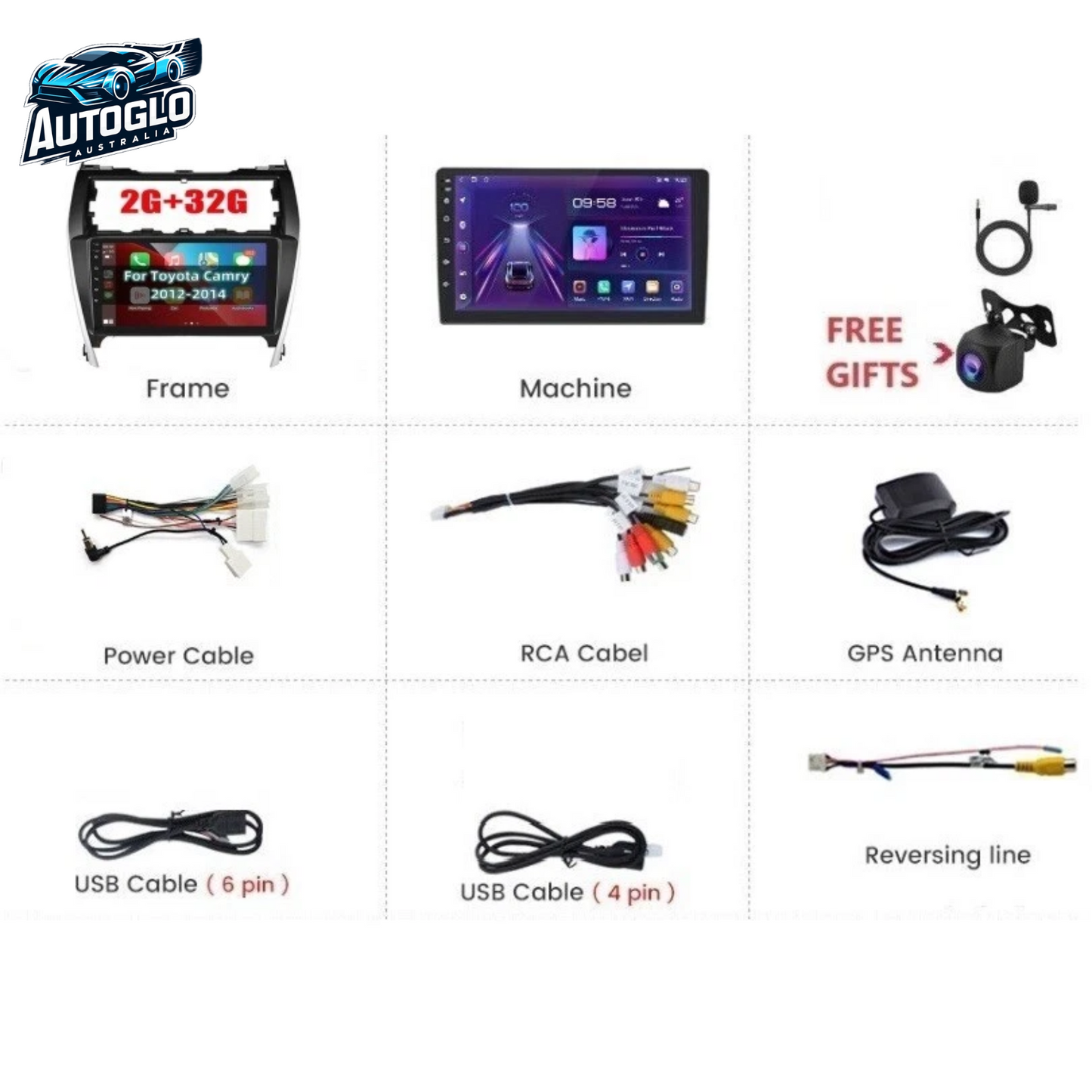 Autoglo Australia 10" CARPLAY ANDROID 13 2G+32G GPS BT WiFi Stereo for TOYOTA CAMRY (2012-14)