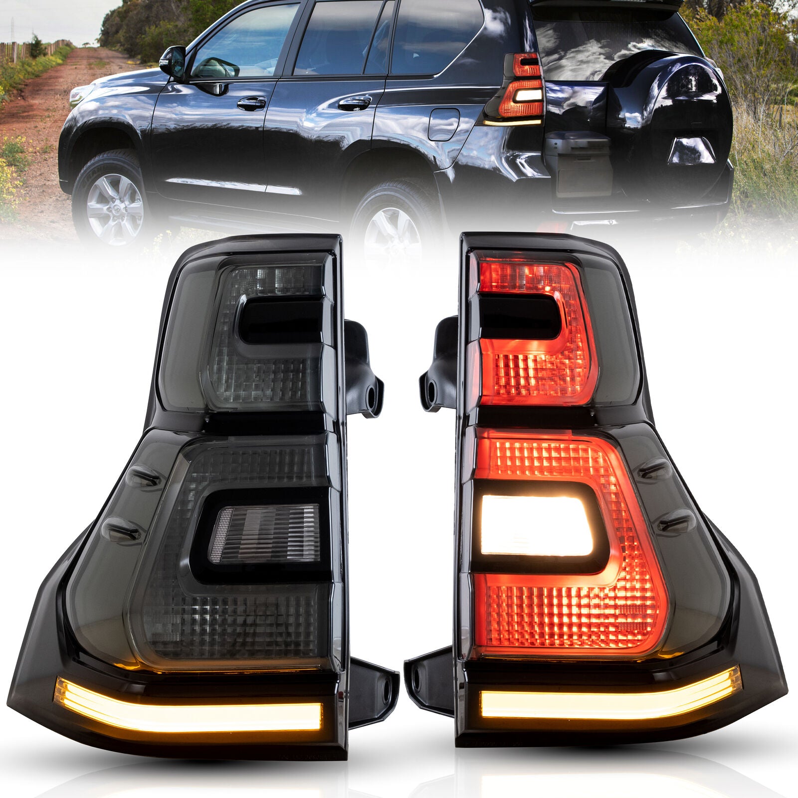 Front View of Smoked Lens LED Tail Lights for Toyota Land Cruiser Prado and Lexus GX 460 (2010-2016)