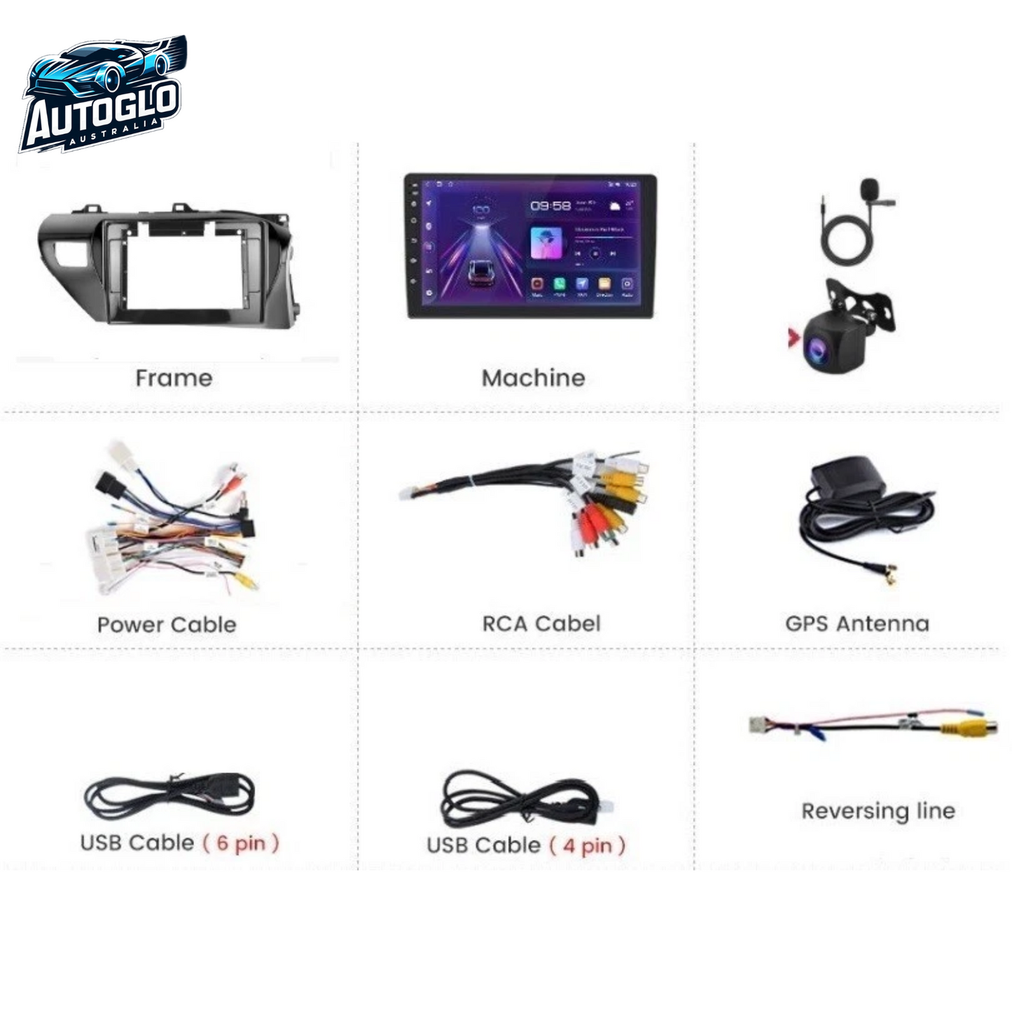 Autoglo Australia 10.1" Android Carplay Stereo for Toyota Hilux 2015-18 BT GPS (2GB+32GB) +Rev.Cam