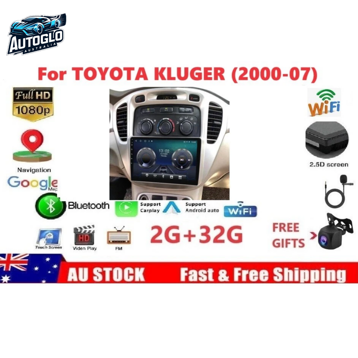 Autoglo Australia 9" (2+32GB) Android 13 Carplay BT GPS Stereo for TOYOTA KLUGER (2000-07)