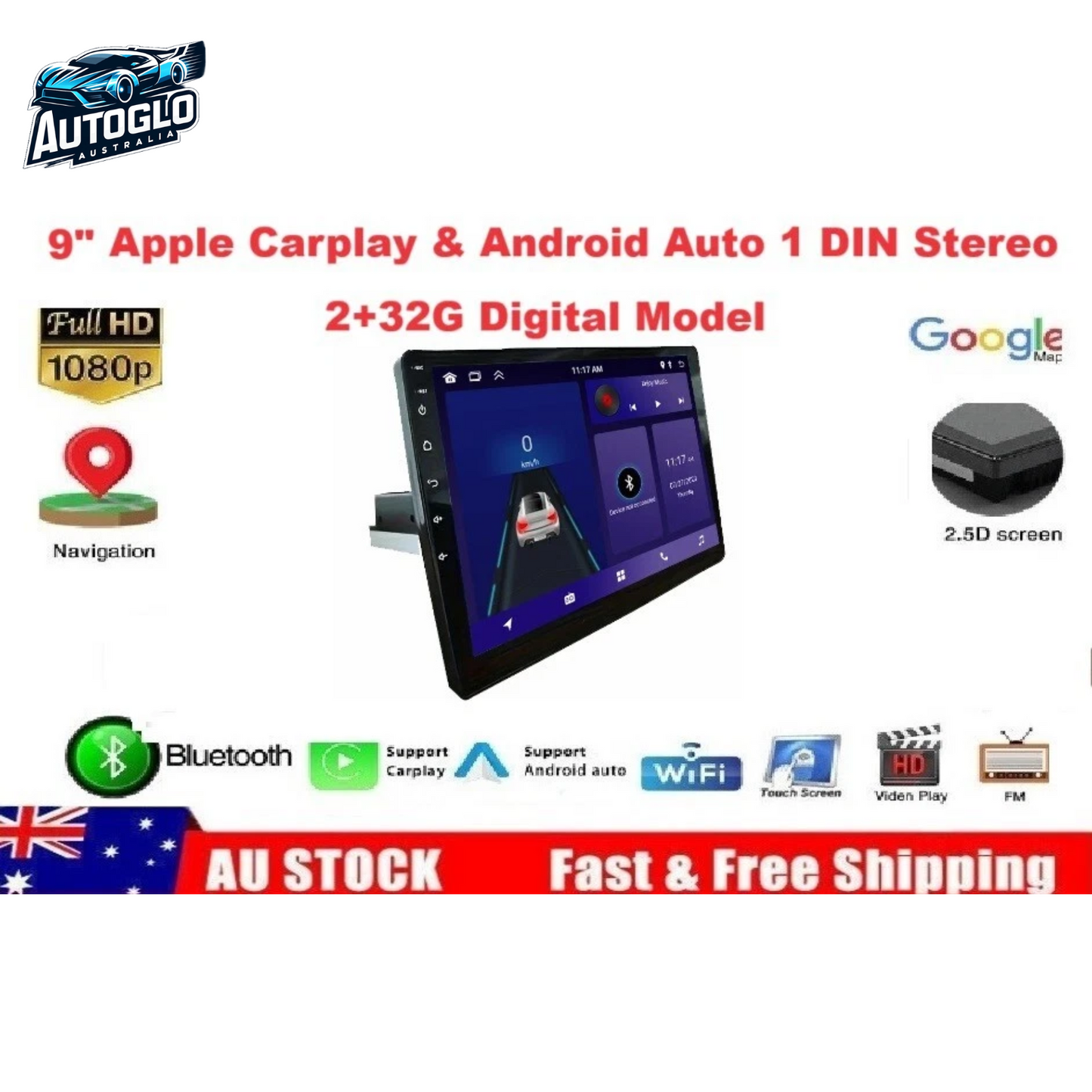 Autoglo Australia 1 DIN 9" Car Stereo Radio Wireless Carplay Android 13.0 Bluetooth Head Unit GPS