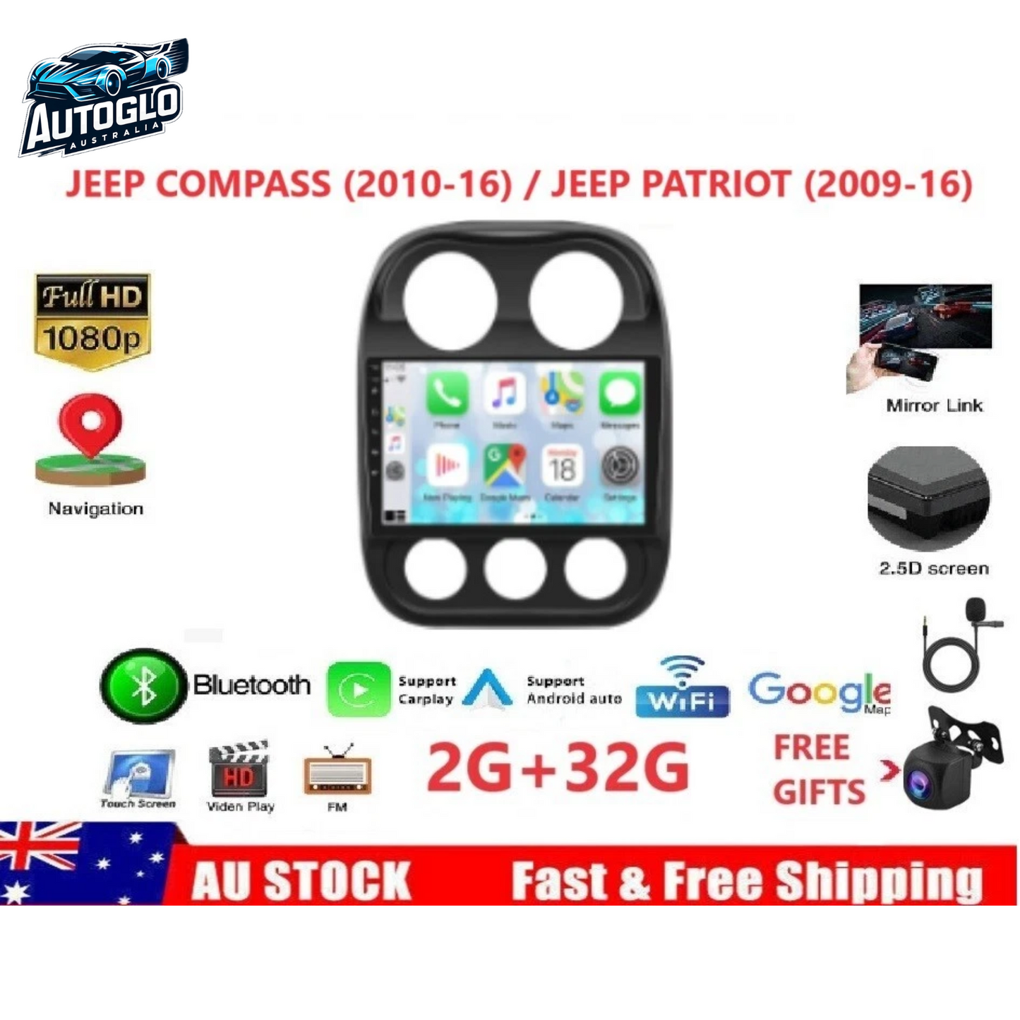 Autoglo Australia 10.1" Android Carplay Stereo for JEEP COMPASS PATRIOT 2010-16 (2GB+32GB)