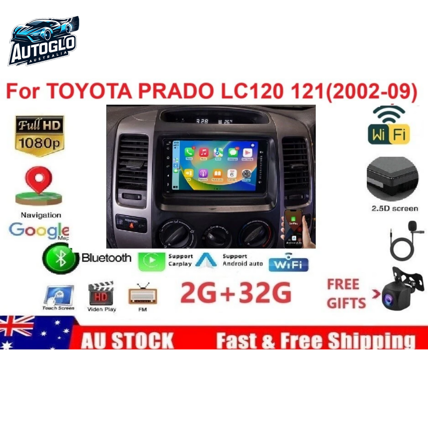 Autoglo Australia 7" CarPlay Android GPS BT Stereo For TOYOTA PRADO LC120 (2002-10) 2GB+32GB