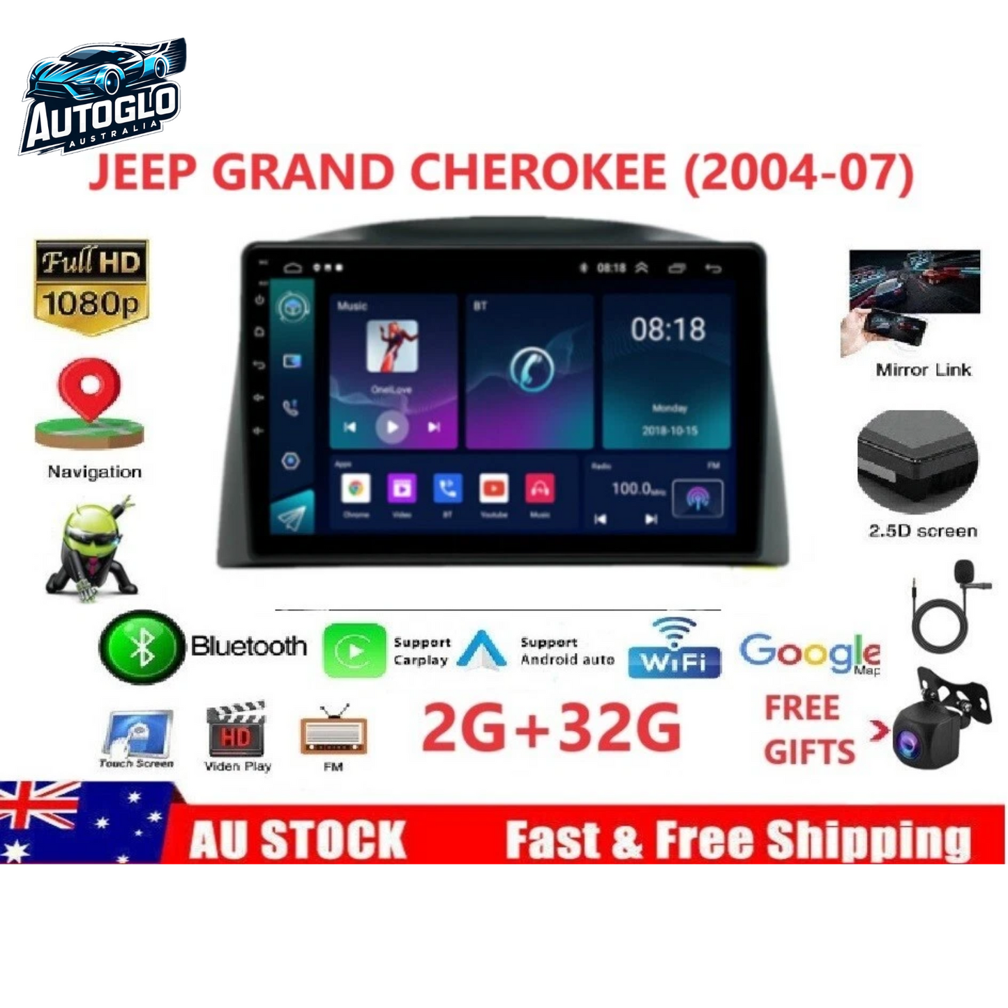 Autoglo Australia 10.1" Android Carplay GPS BT Stereo for JEEP GRAND CHEROKEE (2GB+32GB) 2004-07