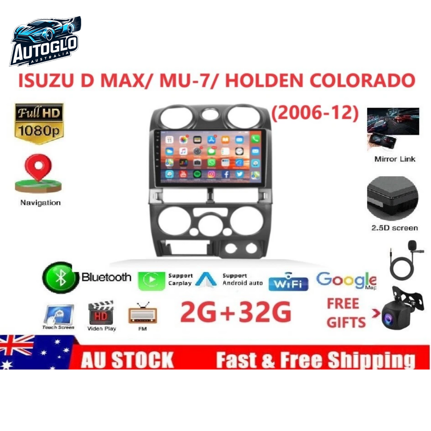 Autoglo Australia 9" (2G+32G) CARPLAY ANDROID GPS BT WiFi Stereo For ISUZU D MAX/ MU-7/ COLORADO