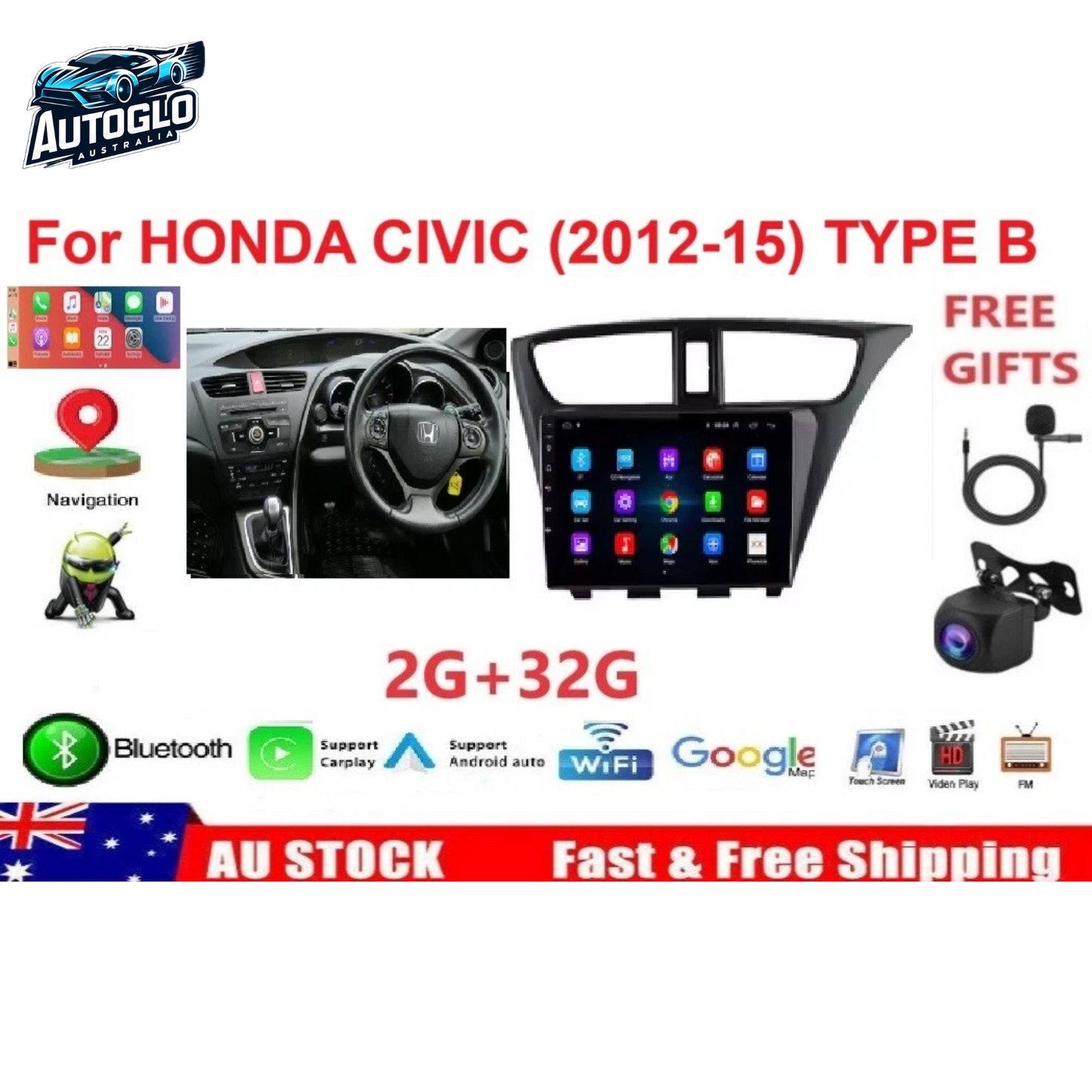 Autoglo Australia 9" (2G+32G) GPS BT WiFi CARPLAY ANDROID STEREO AUTO For HONDA CIVIC (2012-14)