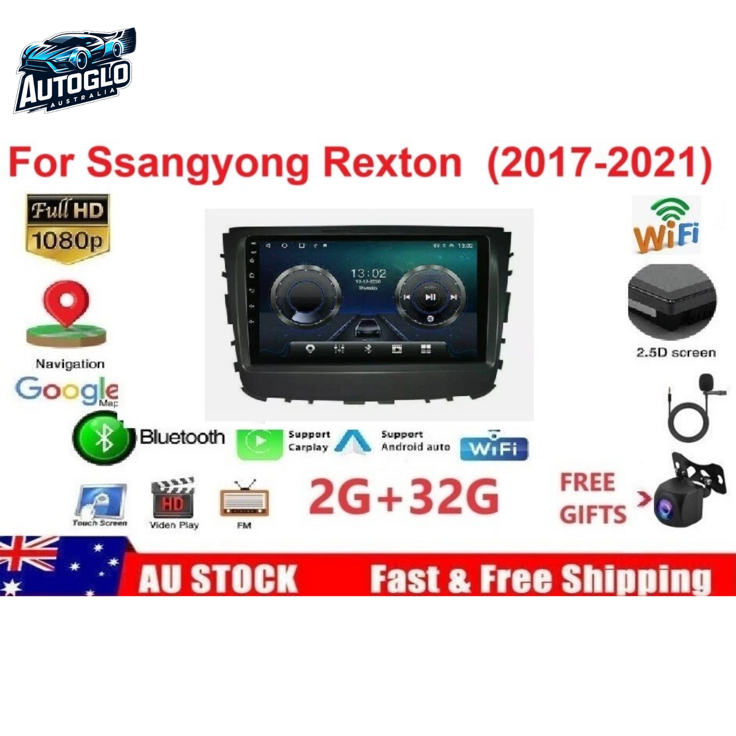Autoglo Australia 10.1" Carplay Android 2GB+32GB BT Stereo for Ssangyong Rexton/Musso (2017-21)