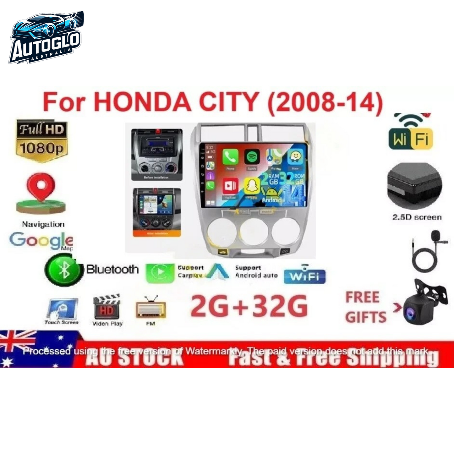 Autoglo Australia 10.1" Carplay Android 2GB+32GB BT GPS WiFi Stereo for HONDA CITY (2009-14)