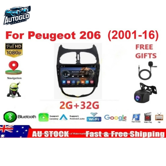 Autoglo Australia 9" (2+32GB) CarPlay Android 13.0 BT GPS WiFi Stereo For Peugeot 206 (2001 -16)