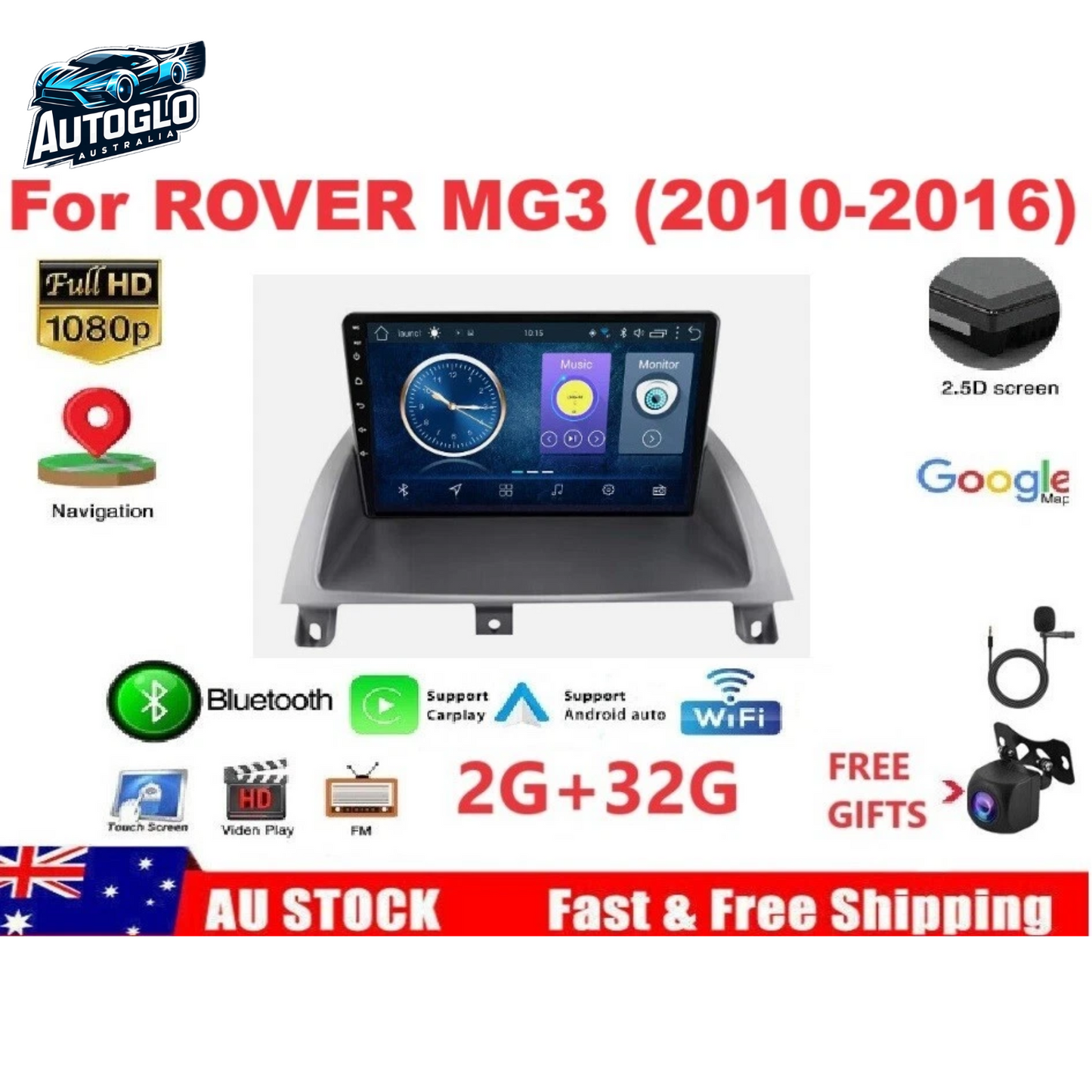 Autoglo Australia 9" (2G+32G) GPS BT WiFi CARPLAY ANDROID Stereo For ROVER MG3 (2010-16)