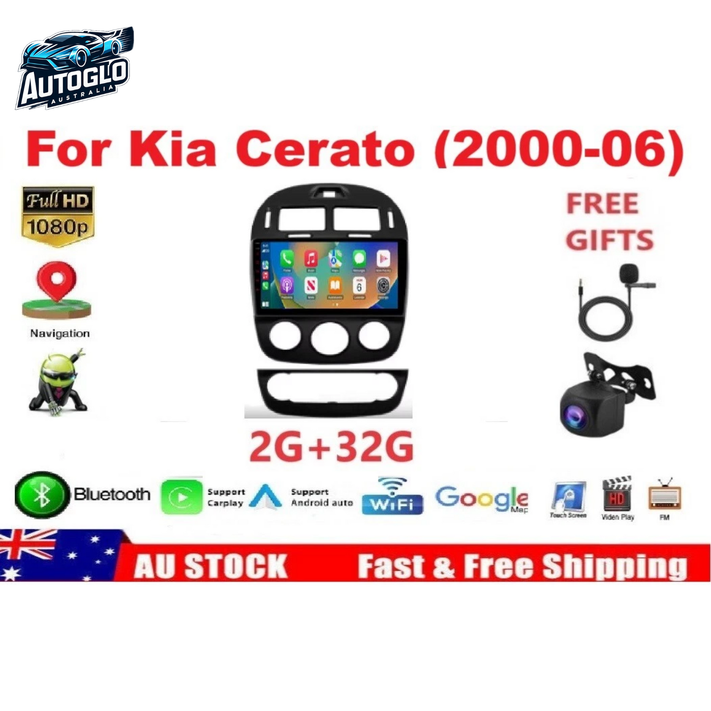 Autoglo Australia 10.1" Carplay Android 2GB+32GB BT GPS NAVI Stereo for KIA CERATO (2000-06)