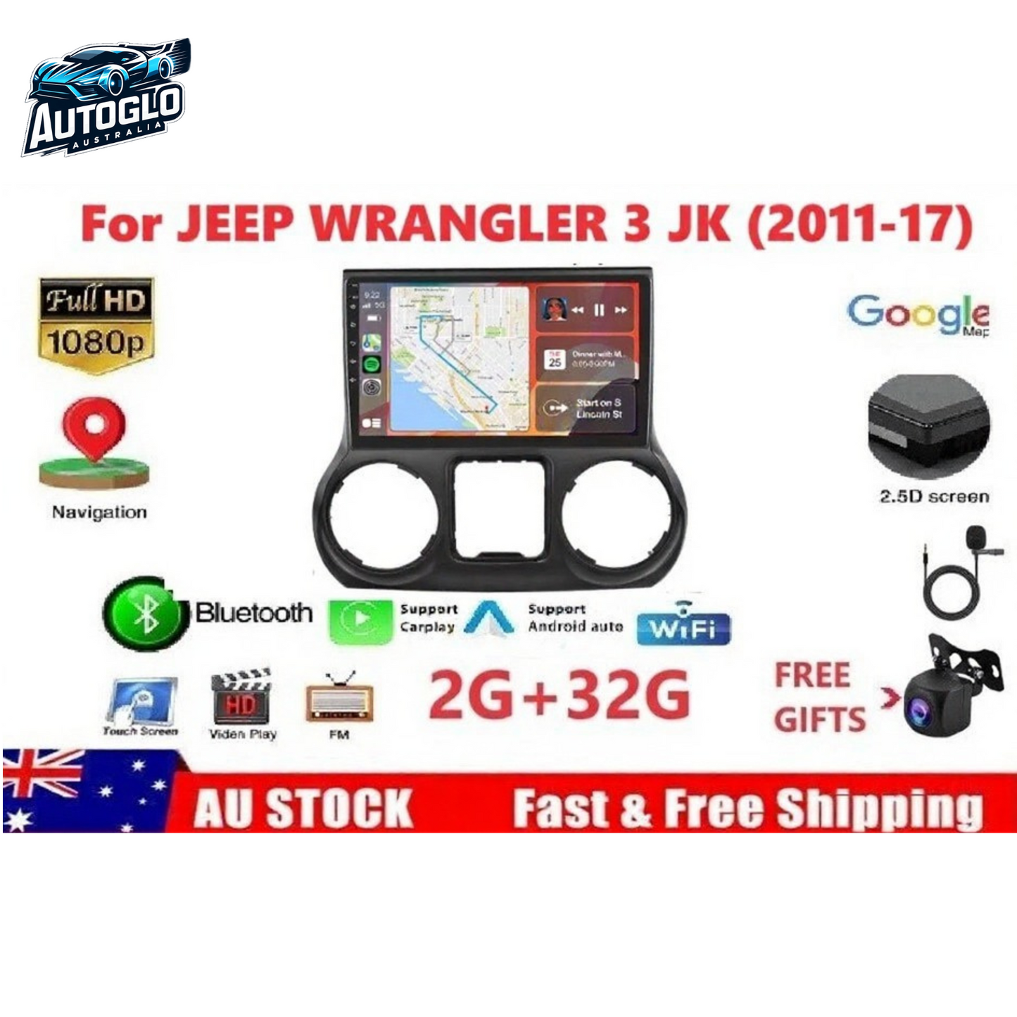 Autoglo Australia 10.1" Carplay Android 2GB+32GB BT GPS Stereo for JEEP WRANGLER JK 3 (2013-20)