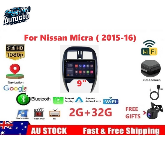 Autoglo Australia 9" (2G+32G) GPS WiFi CARPLAY ANDROID 13 Stereo For NISSAN MICRA K13 (2015-16)