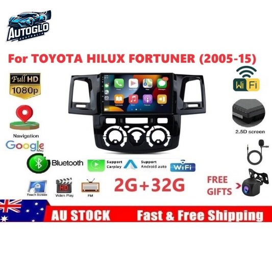 Autoglo Australia 9" CARPLAY ANDROID GPS BT WiFi Stereo For TOYOTA HILUX (2005-15) -Rev. Cam +Mic