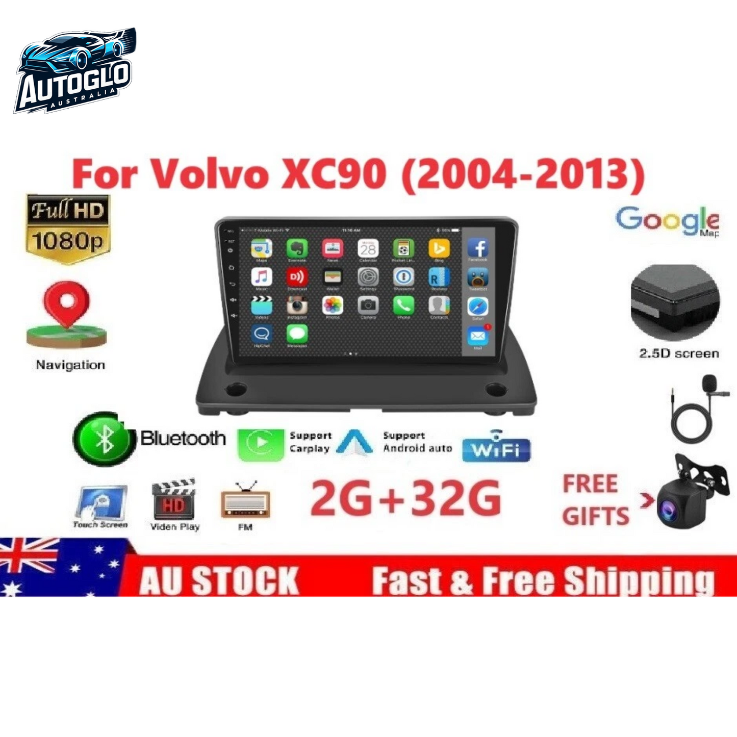 Autoglo Australia 9" CarPlay Android GPS BT WiFi Stereo For VOLVO XC90 (2004-13) 2+32GB