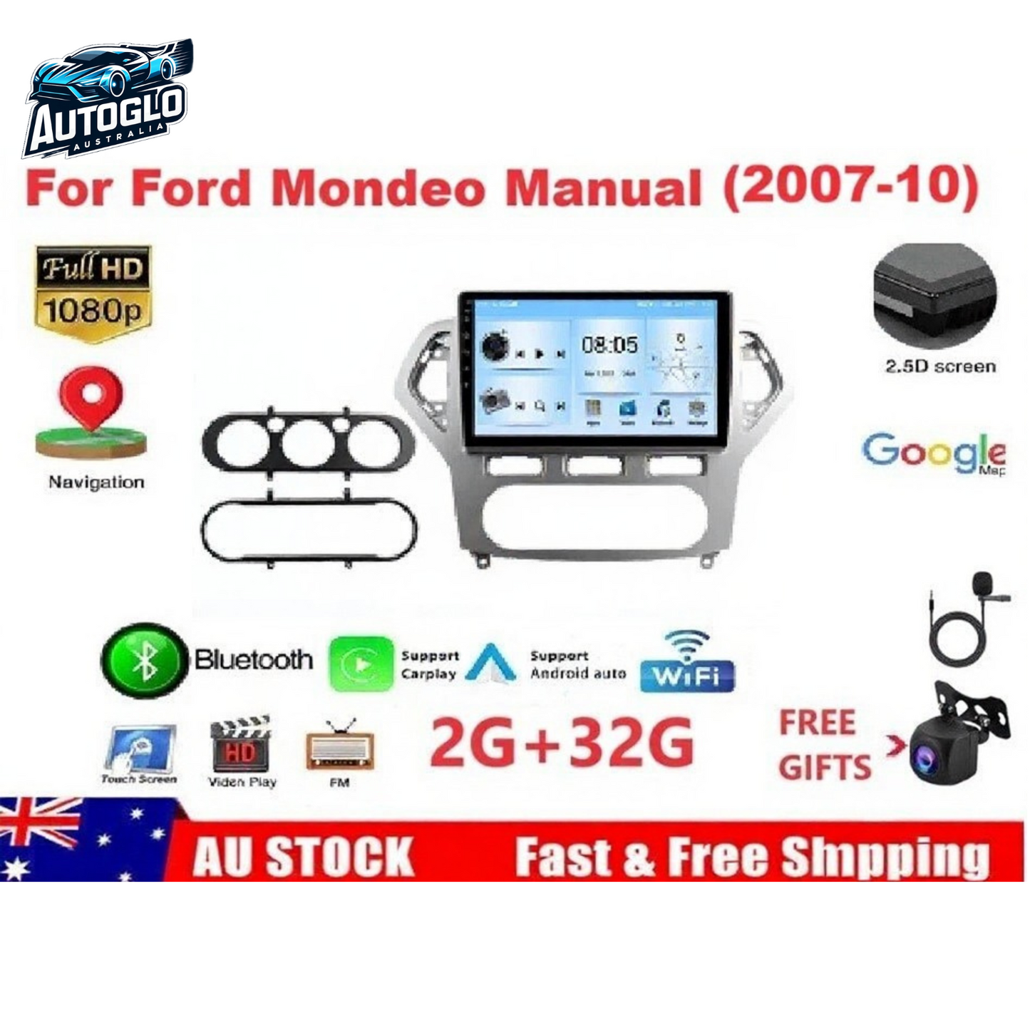 Autoglo Australia 9" (2G+32G) BT WiFi CARPLAY ANDROID Stereo FORD MONDEO AUTO MANUAL AC (2007-10)
