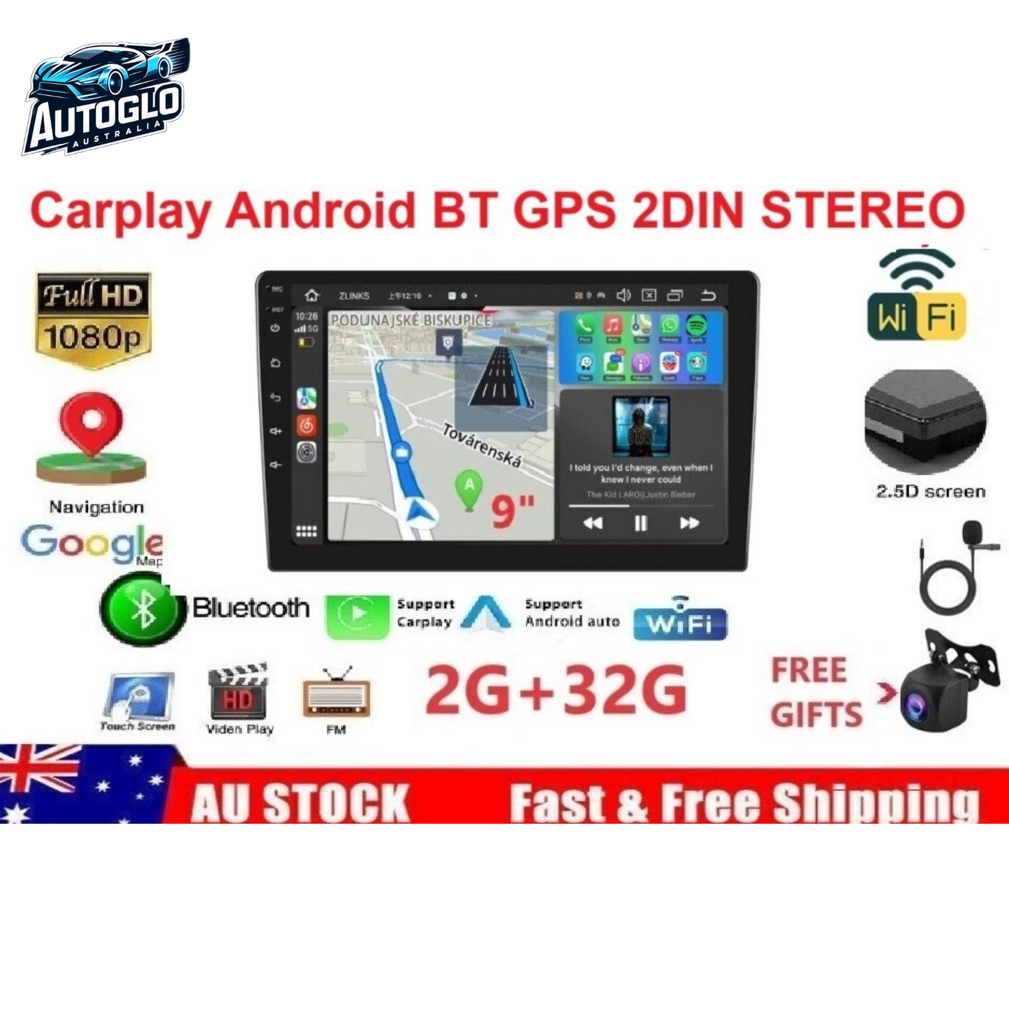 Autoglo Australia 9" Double DIN CarPlay Android Stereo GPS BT WiFi 2G+32G + Camera Mic - GIFTs