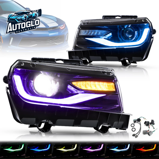 Vland RGB Dual Beam Headlights For Chevy Camaro 2014 2015 With Amber Sequential, Multicolor DRL colors