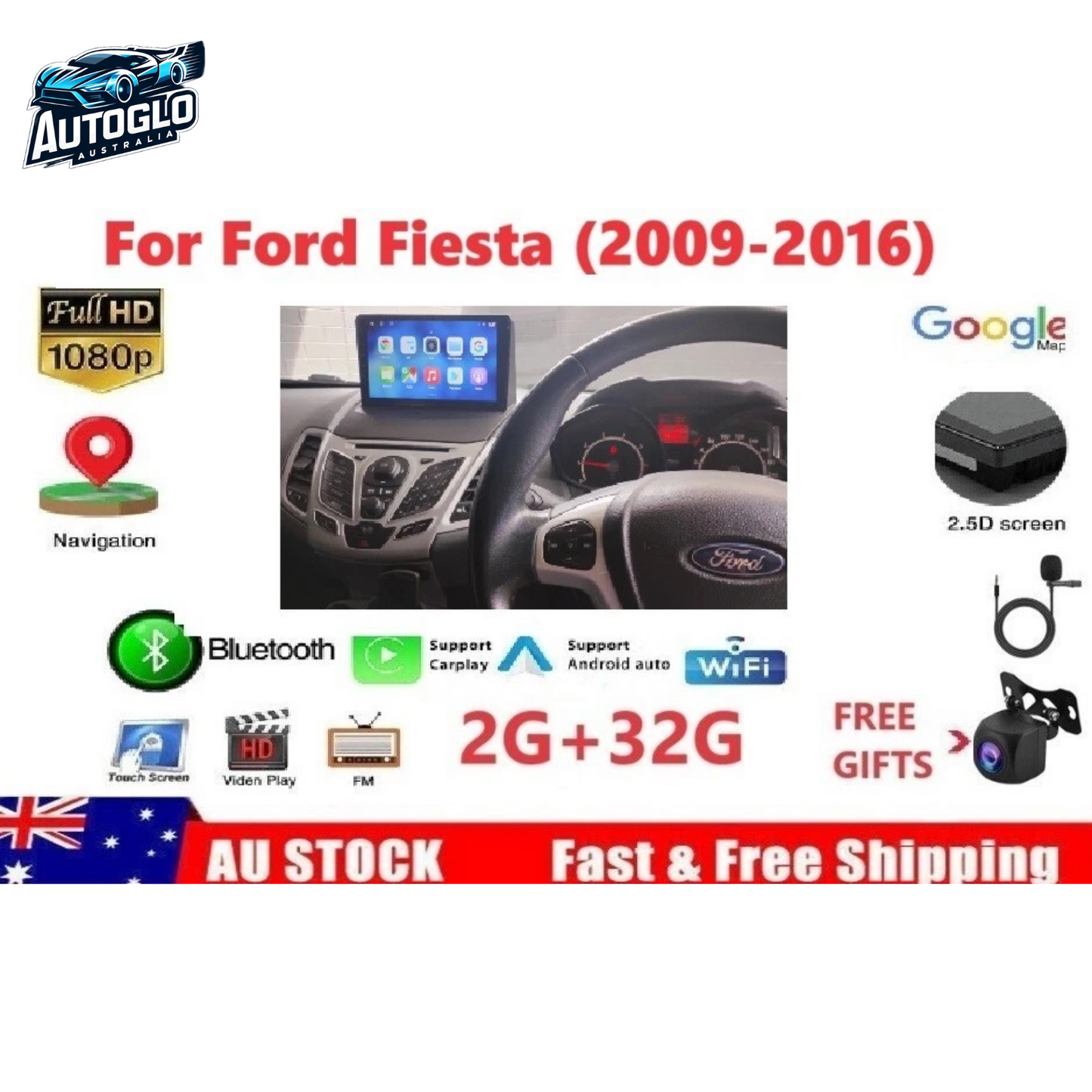 Autoglo Australia 9" Android Carplay Stereo BT GPS for FORD FIESTA 2GB+32G (2009-16)