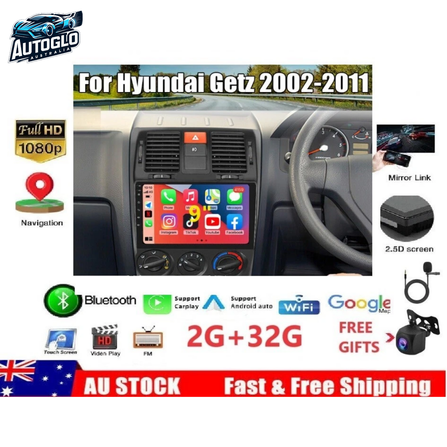 Autoglo Australia 9" (2G+32G) CARPLAY ANDROID GPS BT WiFi Stereo For HYUNDAI GETZ (2002-11)