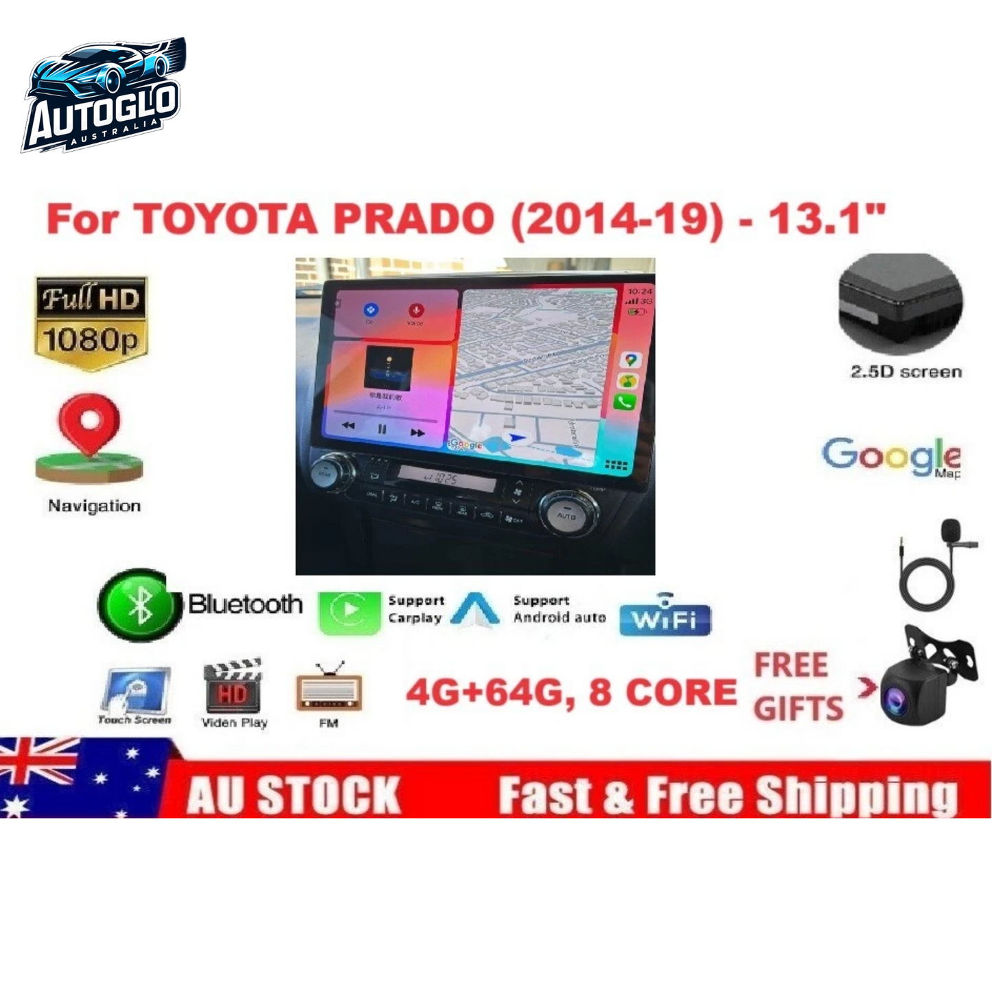 Autoglo Australia 13.1" Android 13 Carplay 4GB+64GB BT GPS NAVI Stereo for TOYOTA PRADO (2014-19)