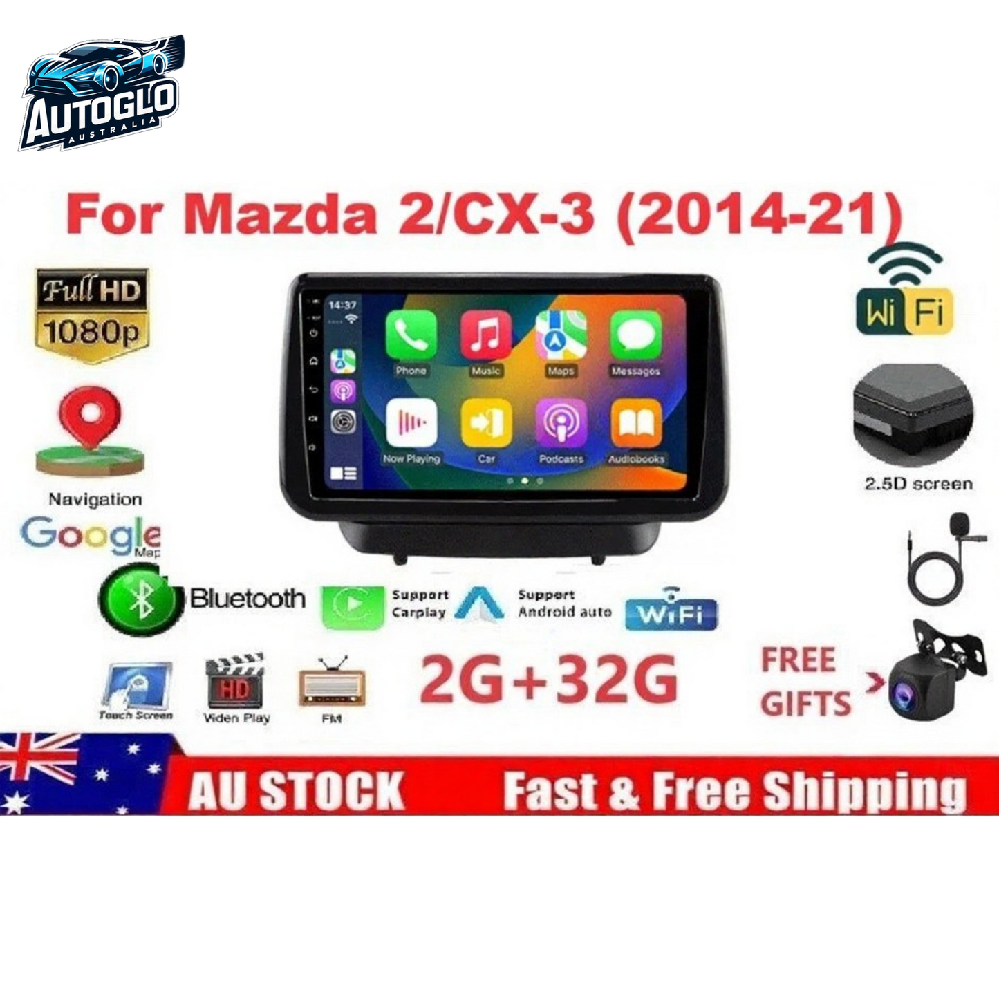 Autoglo Australia 9" (2GB+32G) Android Carplay Stereo BT GPS for MAZDA 2 CX3 CX4 KNOB (2014-21)