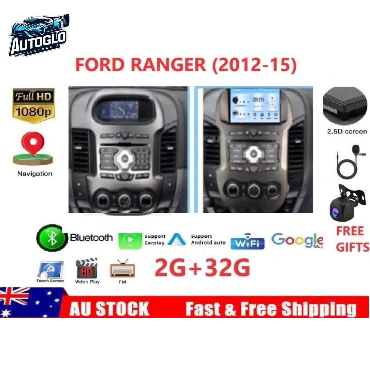 Autoglo Australia 9" (2G+32G) GPS BT WiFi CARPLAY ANDROID Stereo For FORD RANGER (2012-15)