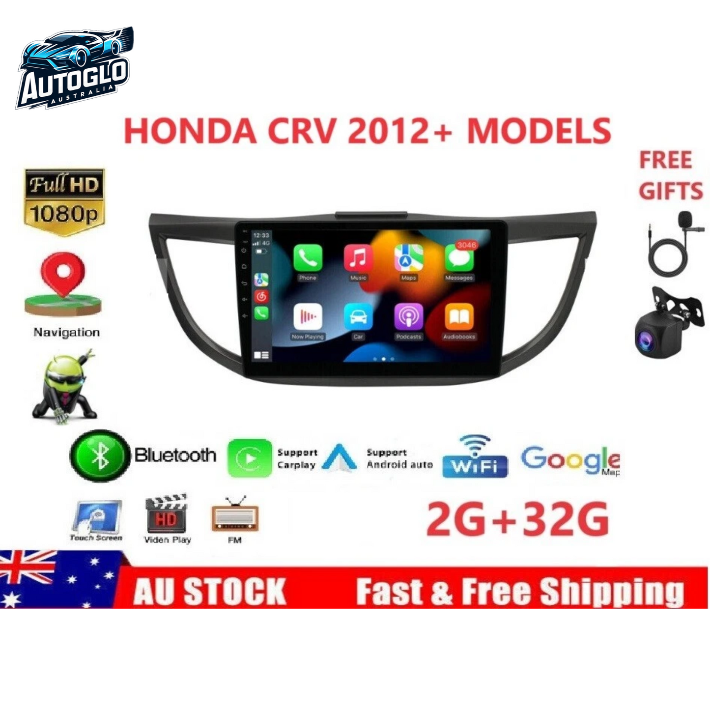 Autoglo Australia 10.1" Android 13 Carplay BT GPS WiFi HD Stereo for HONDA CRV 2012+(2+32GB)-Gifts