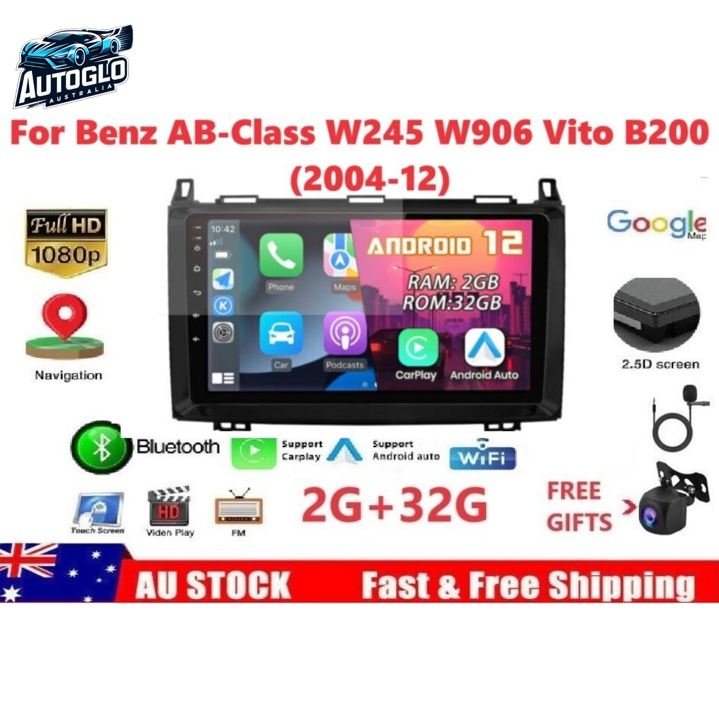 Autoglo Australia 9"(2G+32G) GPS BT Carplay Android for Mercedes Benz AB-Class W245 W169 (2012-15)