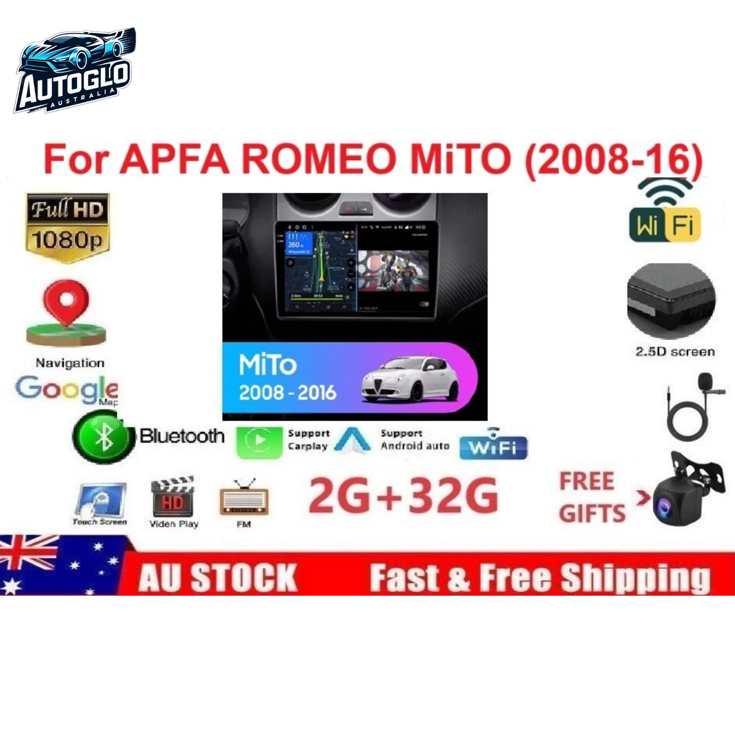 Autoglo Australia 9" CarPlay Android GPS BT WiFi Stereo For ALFA ROMEO MiTo (2008-16) 2+32GB