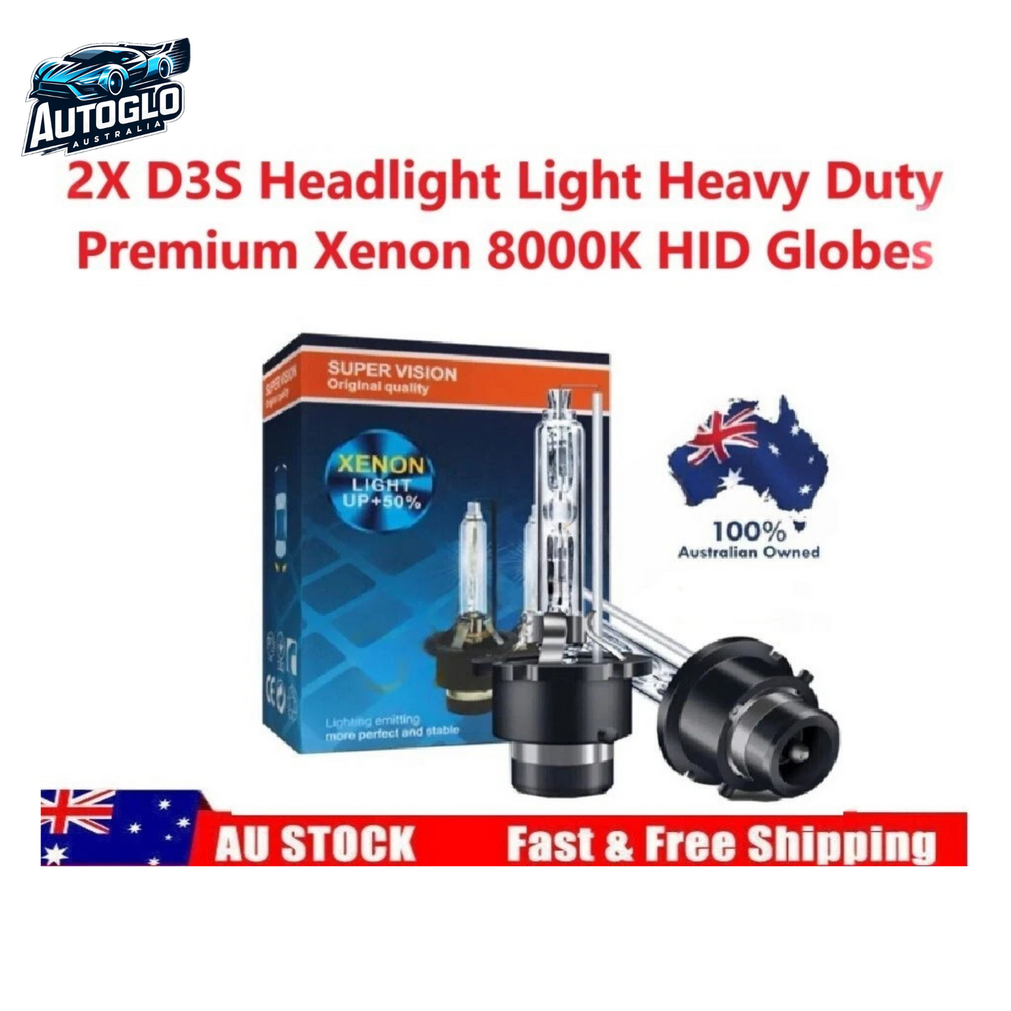 Autoglo Australia 2X D3S Headlight Light Heavy Duty Premium Xenon 8000K Xenon HID Globes