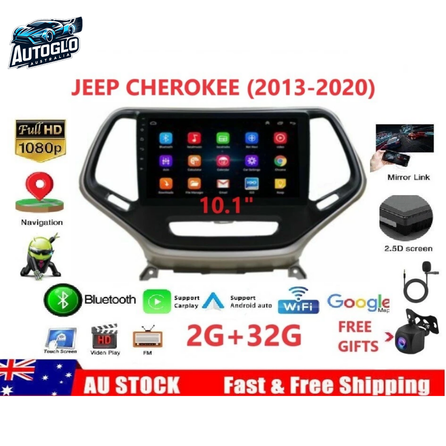 Autoglo Australia 10.1" Android 13 Carplay Stereo for JEEP Cherokee (2013-22) BT GPS NAVI (2+32GB)
