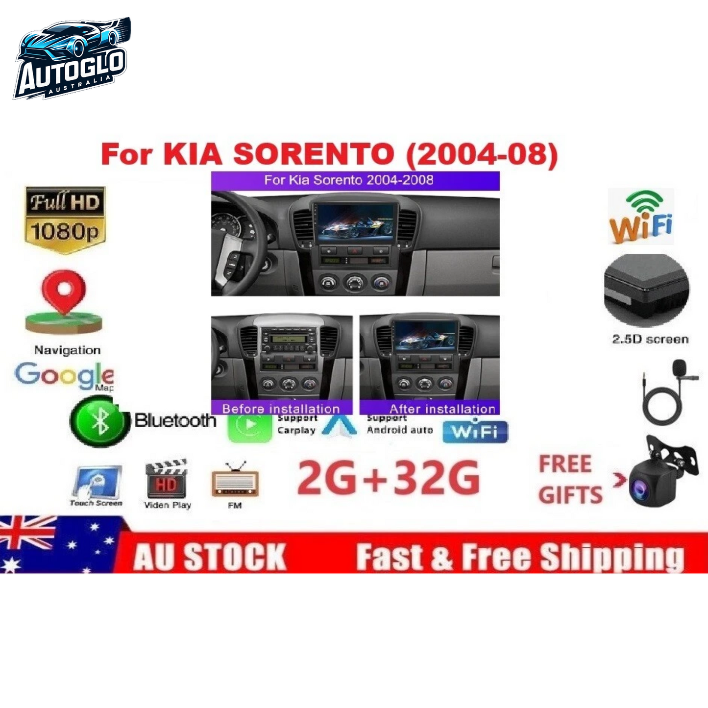 Autoglo Australia 9" (2GB+32G) Android Carplay BT GPS Stereo for KIA SORENTO (2004-08)