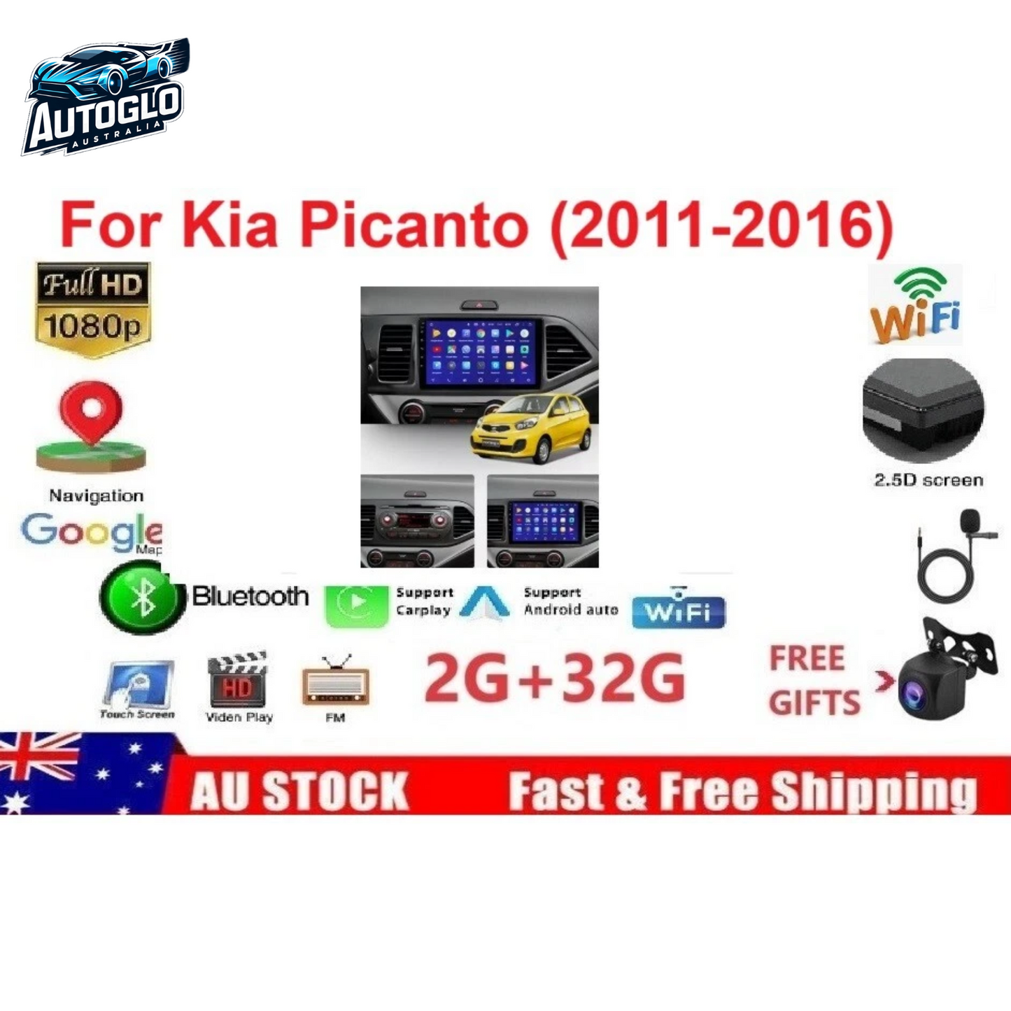 Autoglo Australia 9" Android Carplay BT GPS Stereo for KIA PICANTO 2GB+32GB (2011-16)