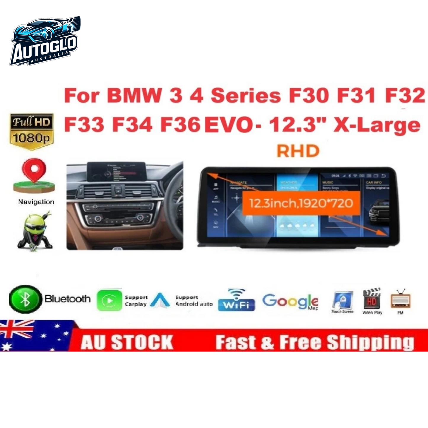 Autoglo Australia BMW 3/4 Series F-Models 12.3" XL FHD Carplay Android BT GPS 4G Auto Stereo (Evo)