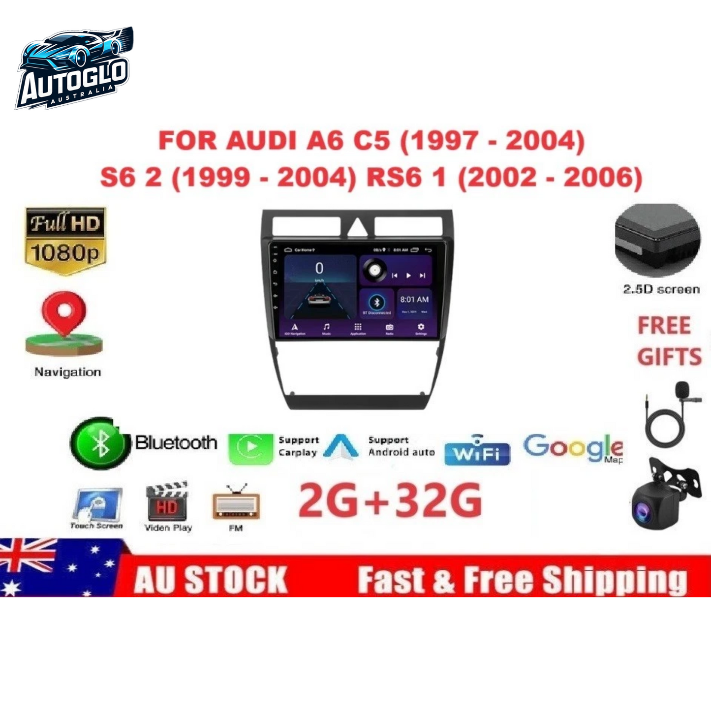 Autoglo Australia 9" (2+32G) Android Carplay BT WiFi GPS Stereo for AUDI A6 (1997-06)