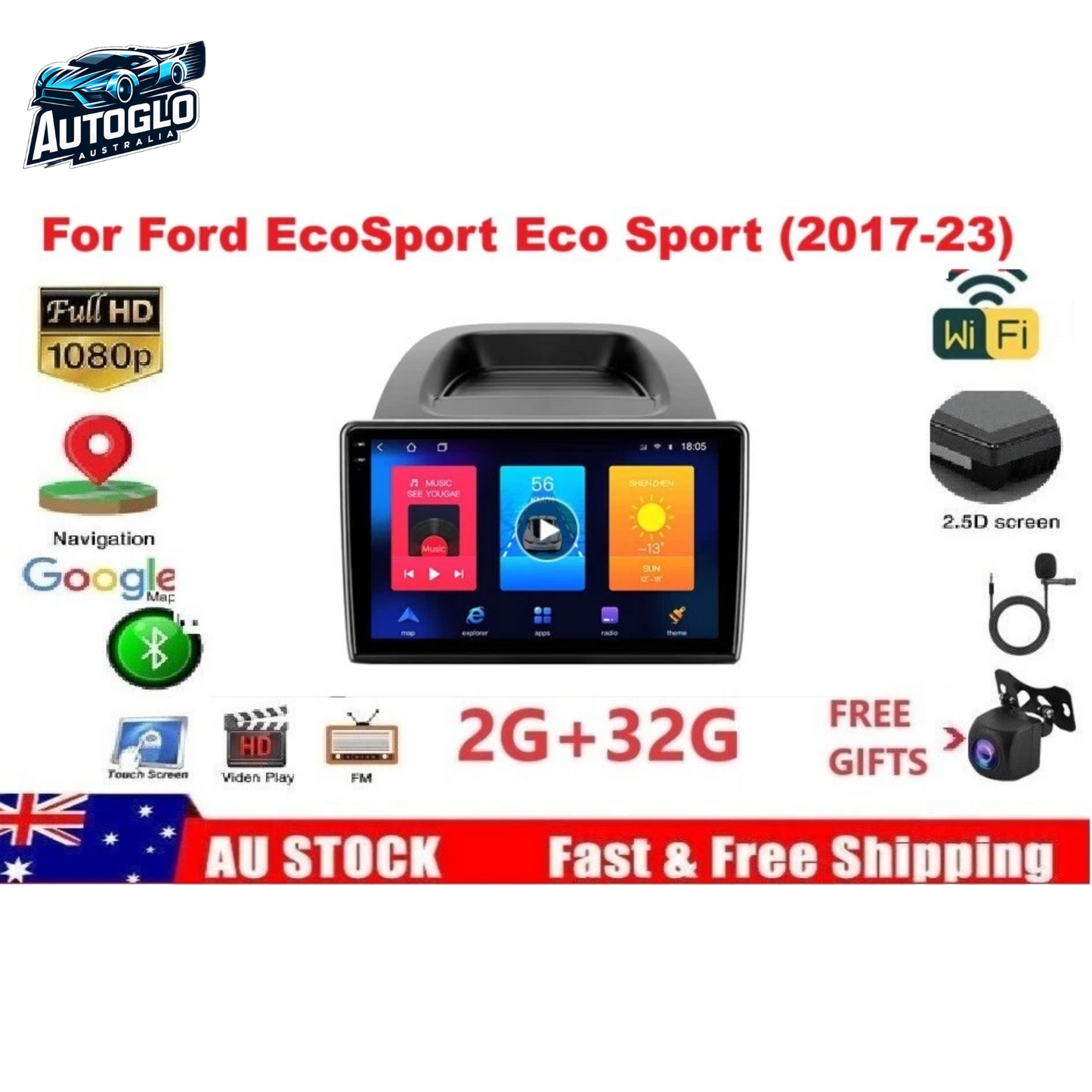 Autoglo Australia 10.1" Carplay Android 2GB+32GB BT GPS NAVI Stereo for FORD ECOSPORT(2017-23)
