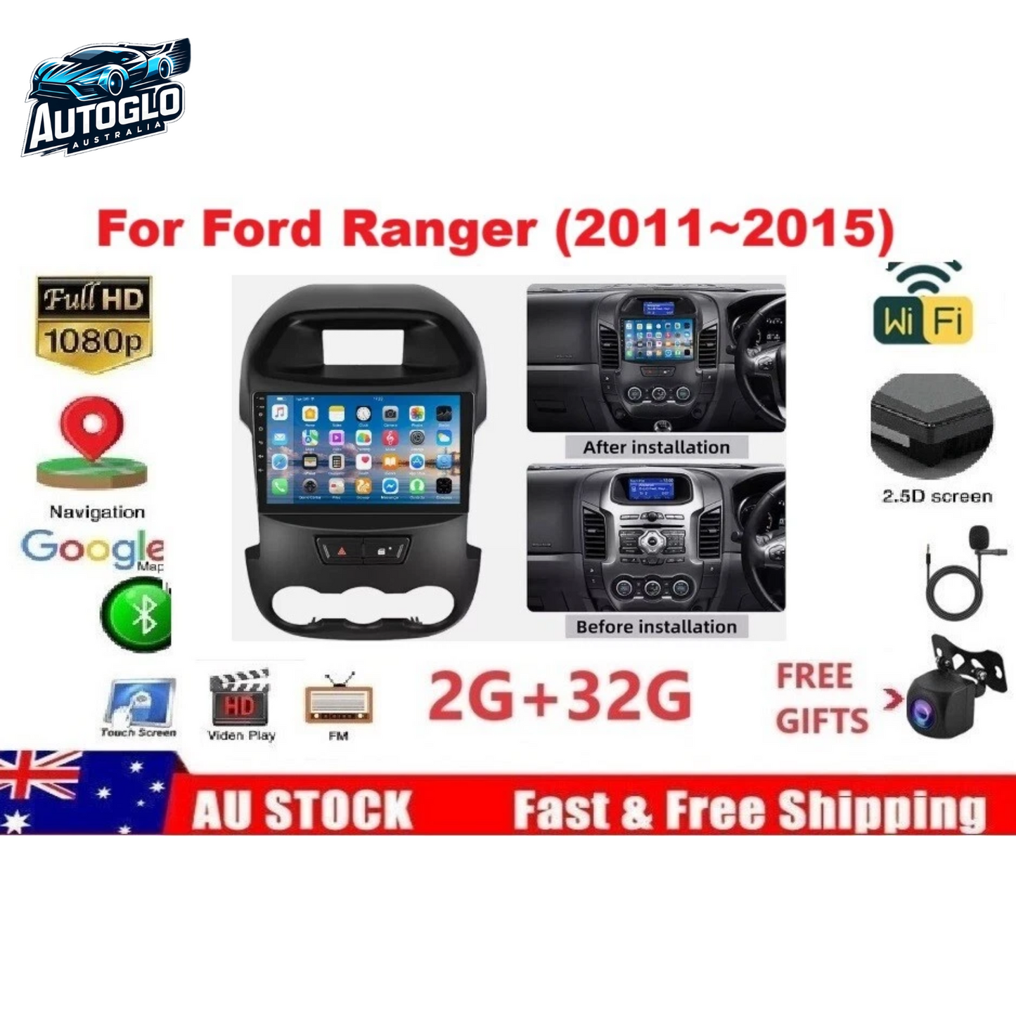 Autoglo Australia 9" (2+32G) GPS BT WiFi CARPLAY ANDROID 13 Stereo For FORD RANGER (2011-15) Gifts