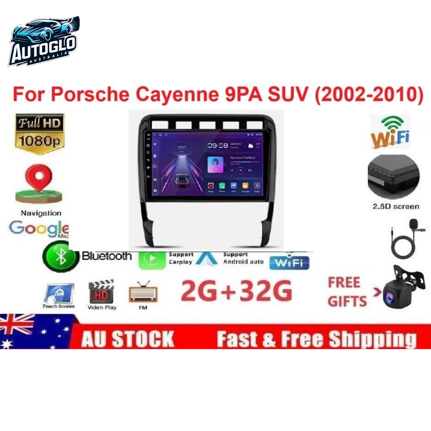 Autoglo Australia 9" CarPlay Android GPS BT WiFi Stereo For PORSCHE CAYENNE (2002-10) 2+32GB