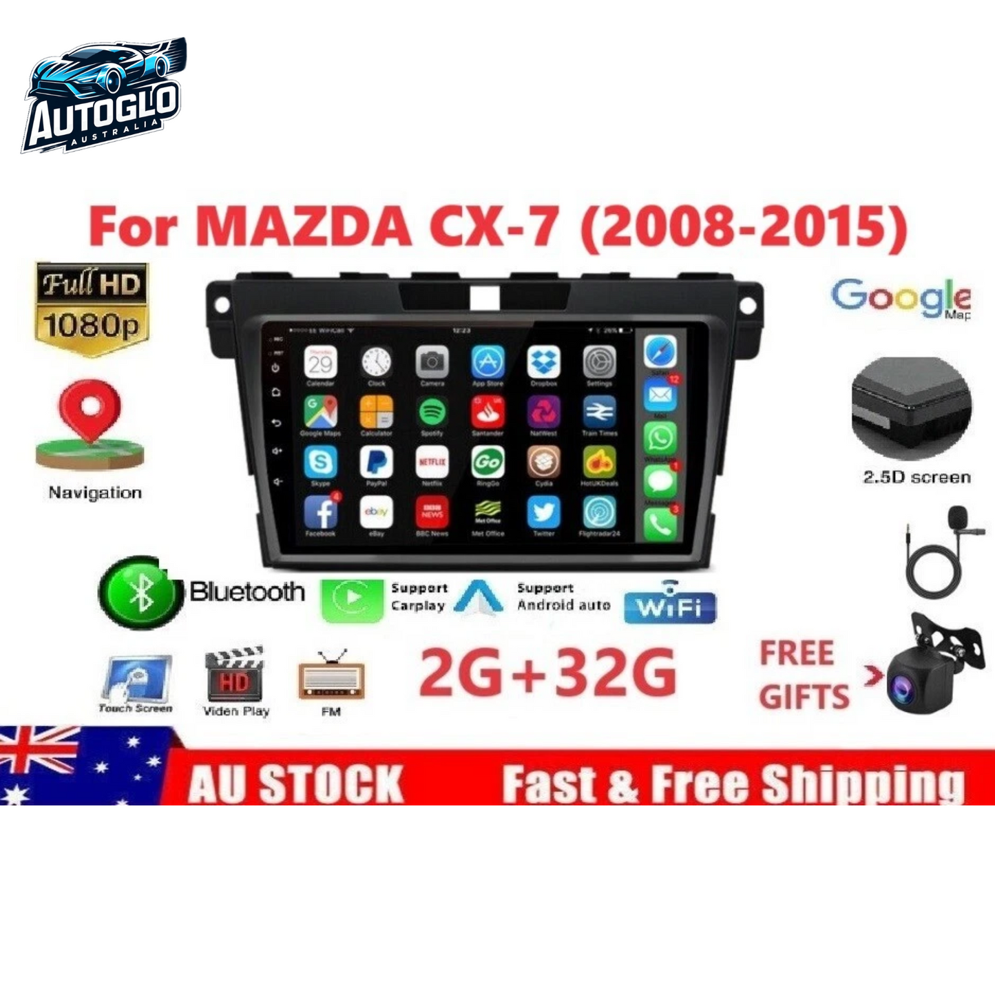 Autoglo Australia 9" CarPlay Android 13.0 BT GPS WiFi Stereo For MAZDA CX 7 (2008 -15) 2GB+32GB