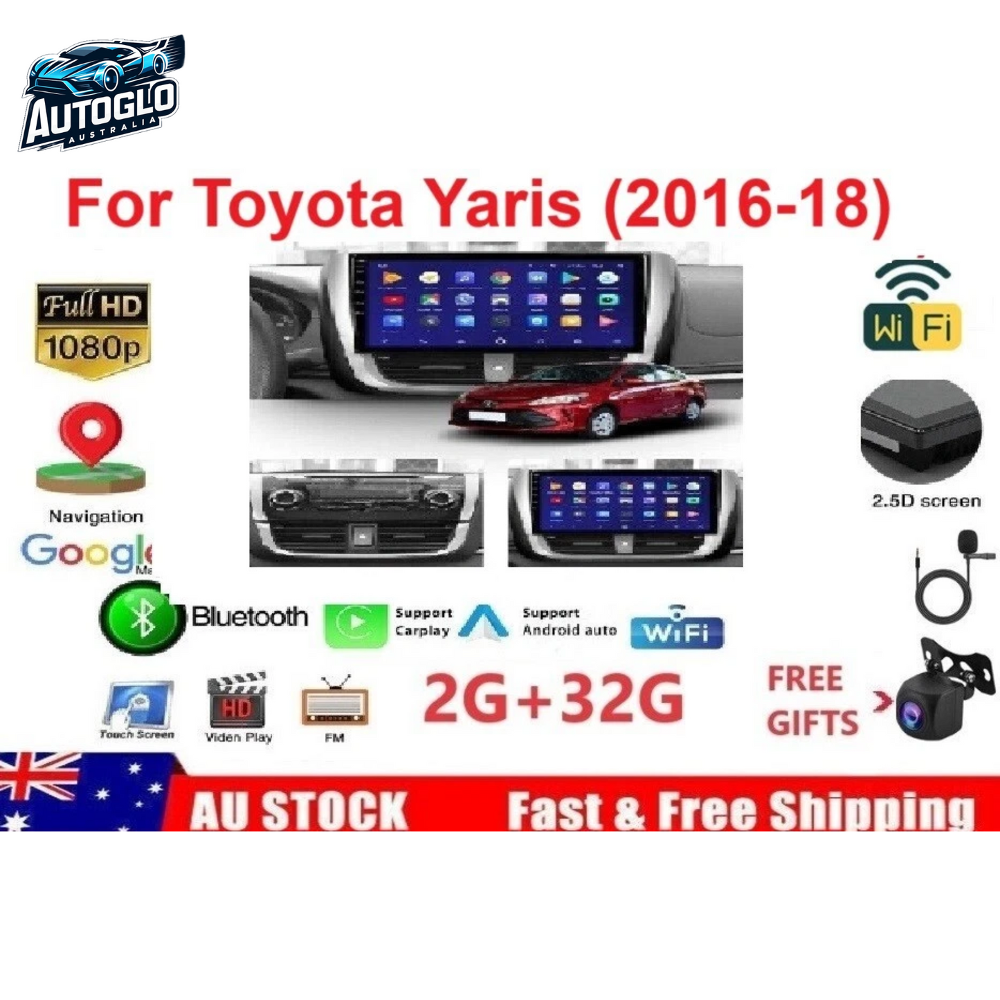 Autoglo Australia 9" CarPlay Android 13 GPS BT WiFi 2GB+32GB Stereo For TOYOTA YARIS (2016-18)