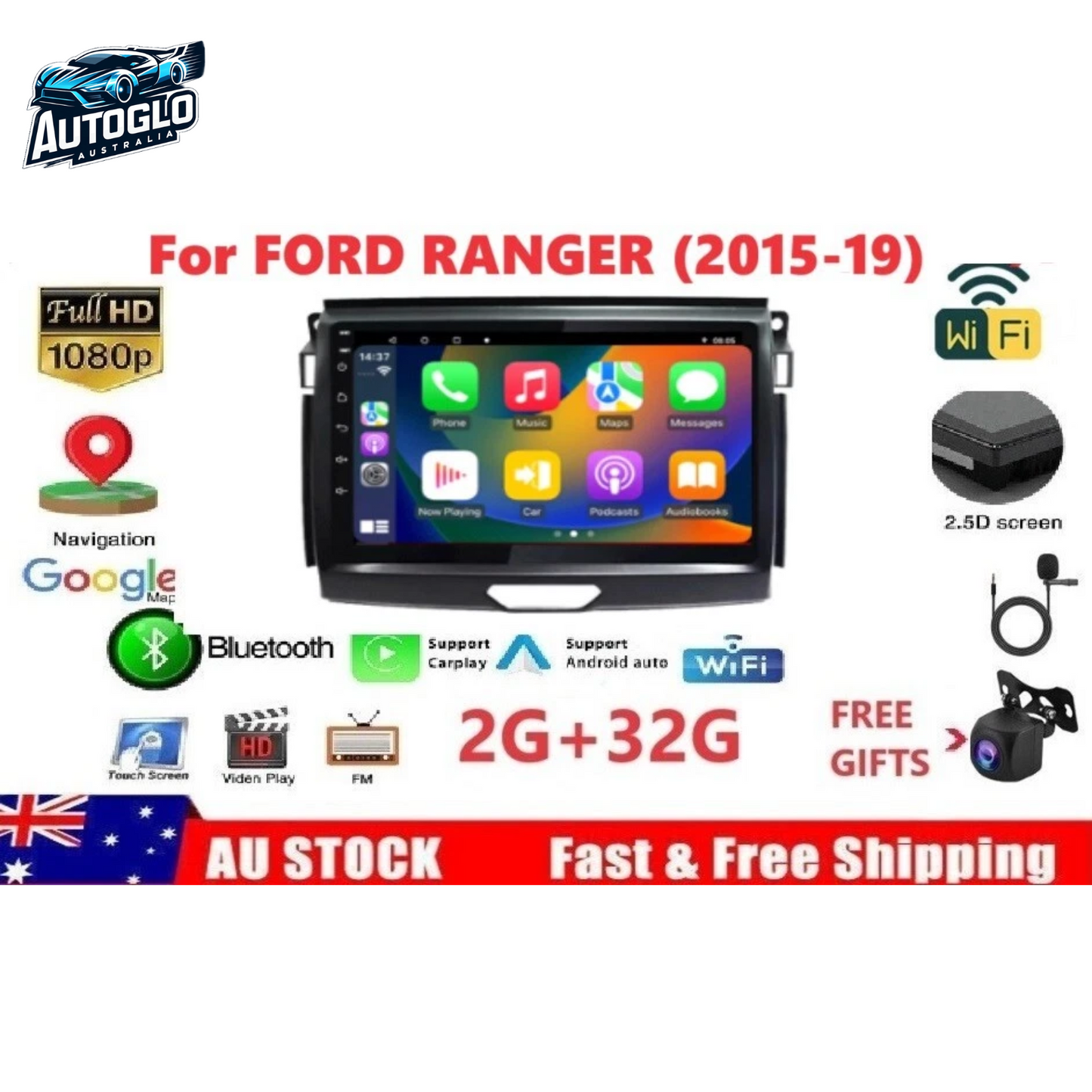 Autoglo Australia 9" (2G+32G) GPS BT WiFi CARPLAY ANDROID Stereo For FORD RANGER A (2015-18)