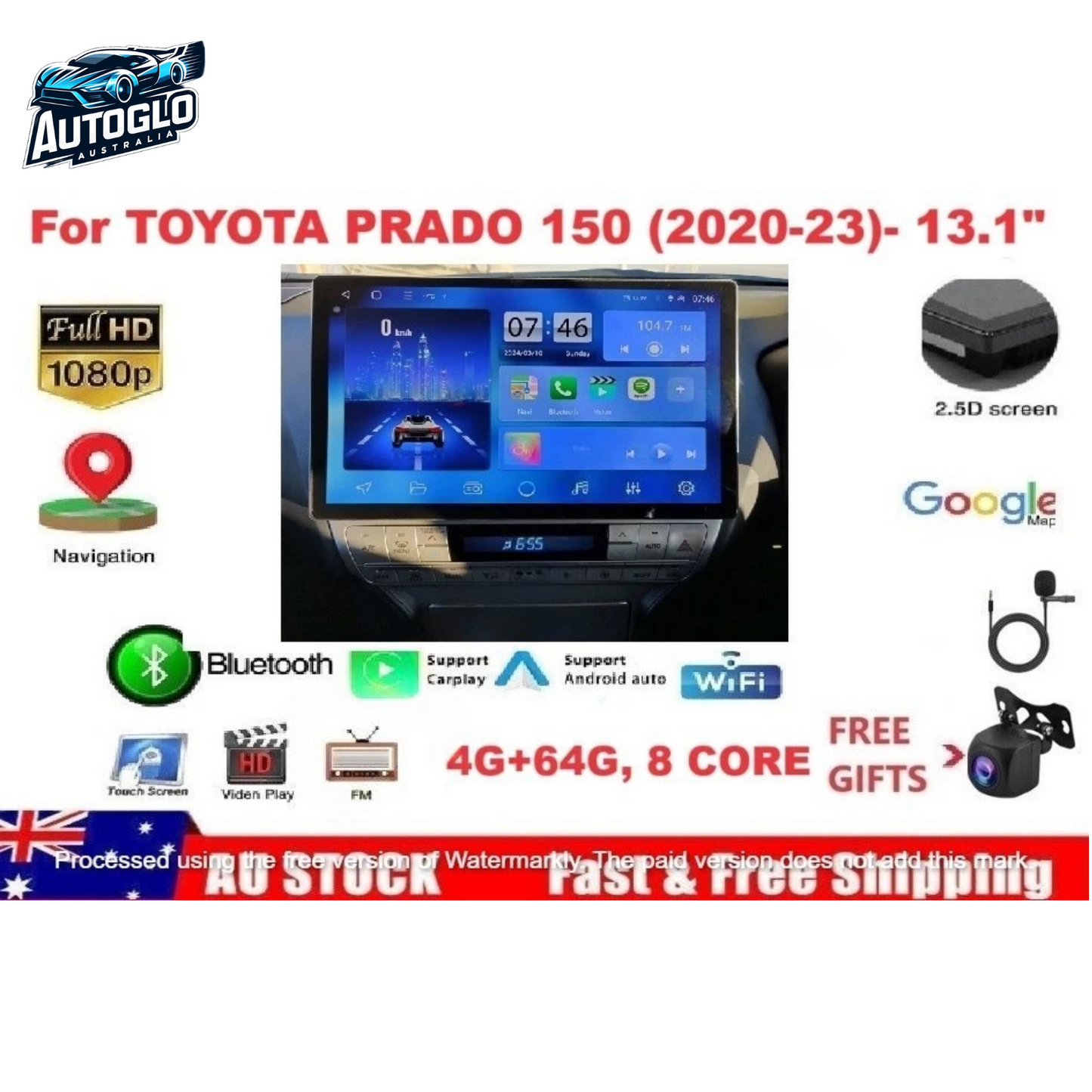 Autoglo Australia 13.1" Carplay Android 4GB+64GB BT GPS NAVI Stereo for TOYOTA PRADO (2020-23)