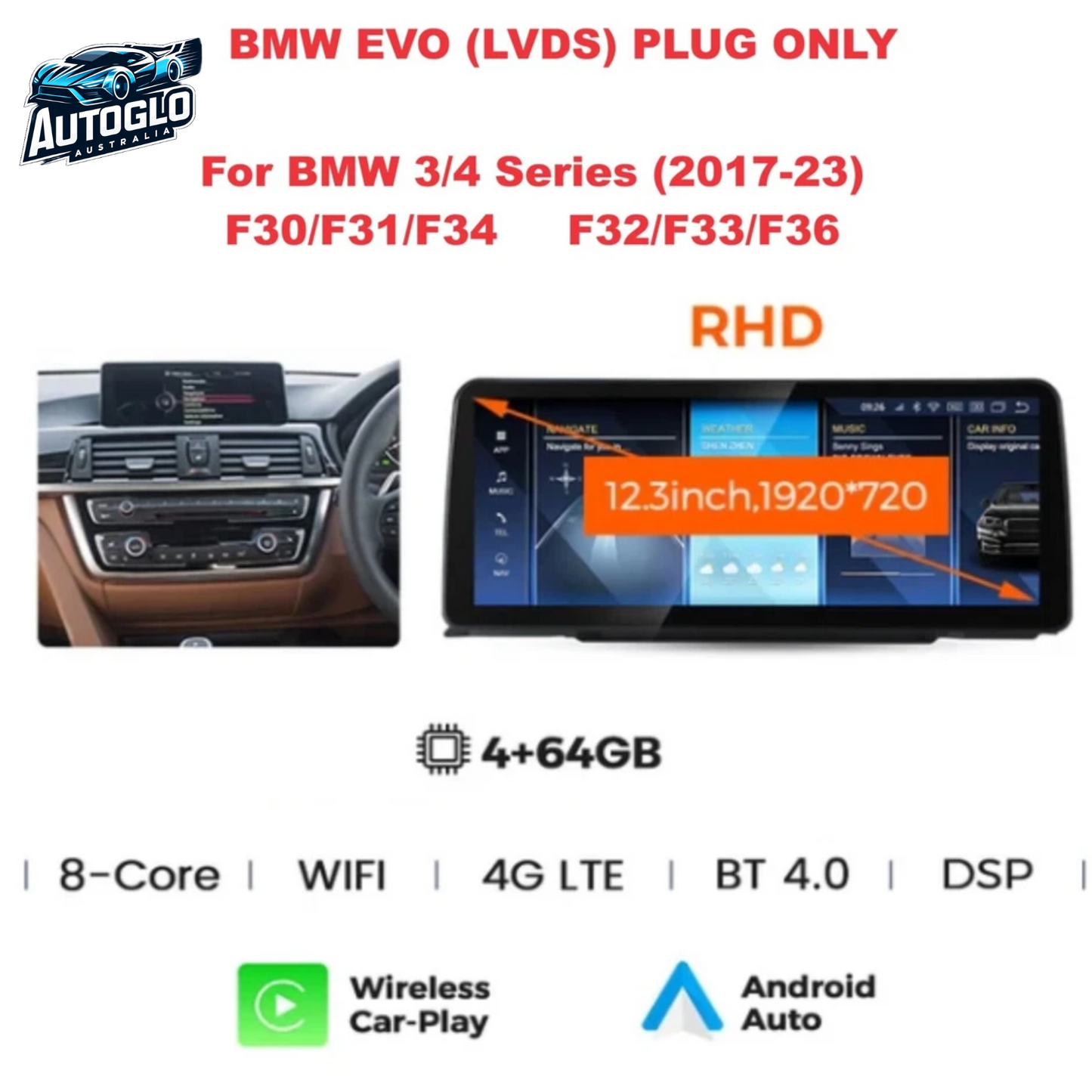 Autoglo Australia BMW 3/4 Series F-Models 12.3" XL FHD Carplay Android BT GPS 4G Auto Stereo (Evo)