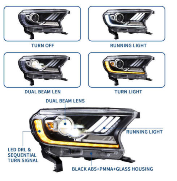 VLAND Full LED Headlights For Ford Ranger PX2 PXS 2016-2020 W/Sequential Signal