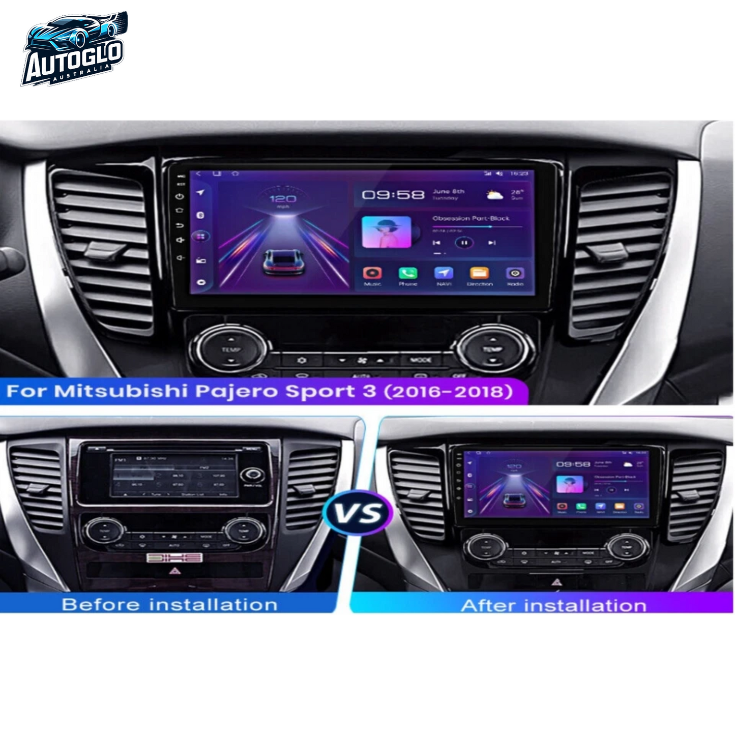 Autoglo Australia 9" (2G+32G) GPS BT WiFi CARPLAY ANDROID For Mitsubishi Pajero Sport (2016-18)